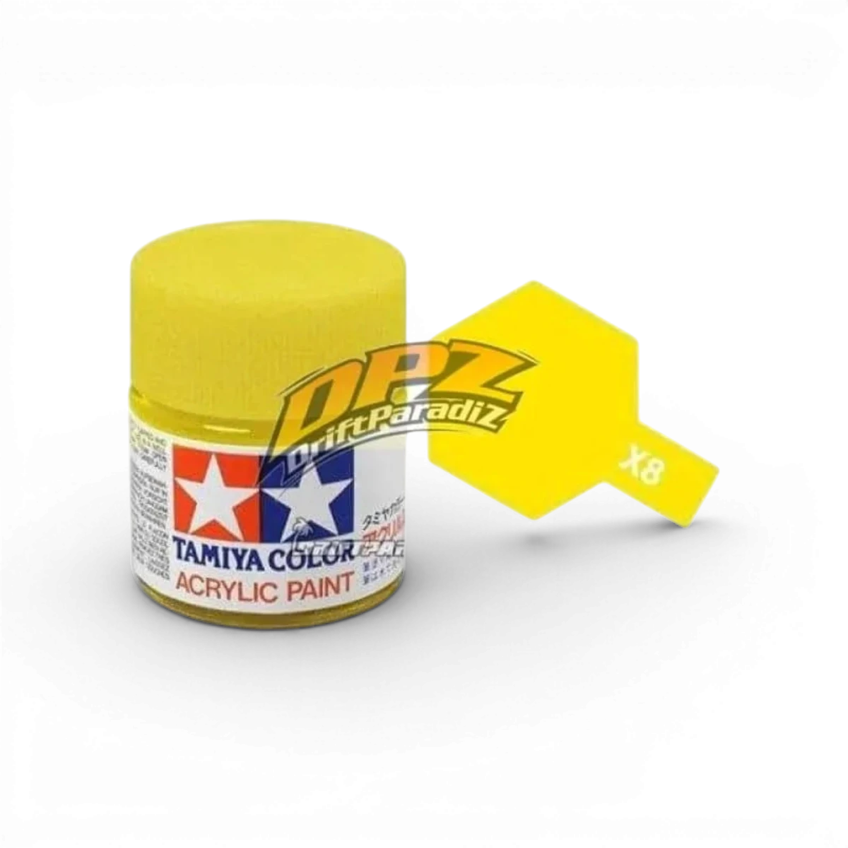 Peinture jaune citron brillante Tamiya X8, peinture pour modélisme, flacon avec étiquette colorée et bouchon noir.