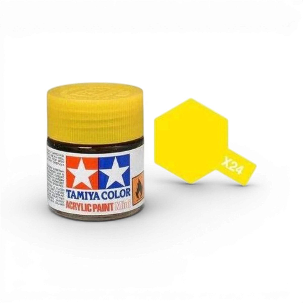 Peinture jaune translucide Tamiya, lot de 24 tubes de peintures pour modélisme, avec étiquettes et bouchons visibles.