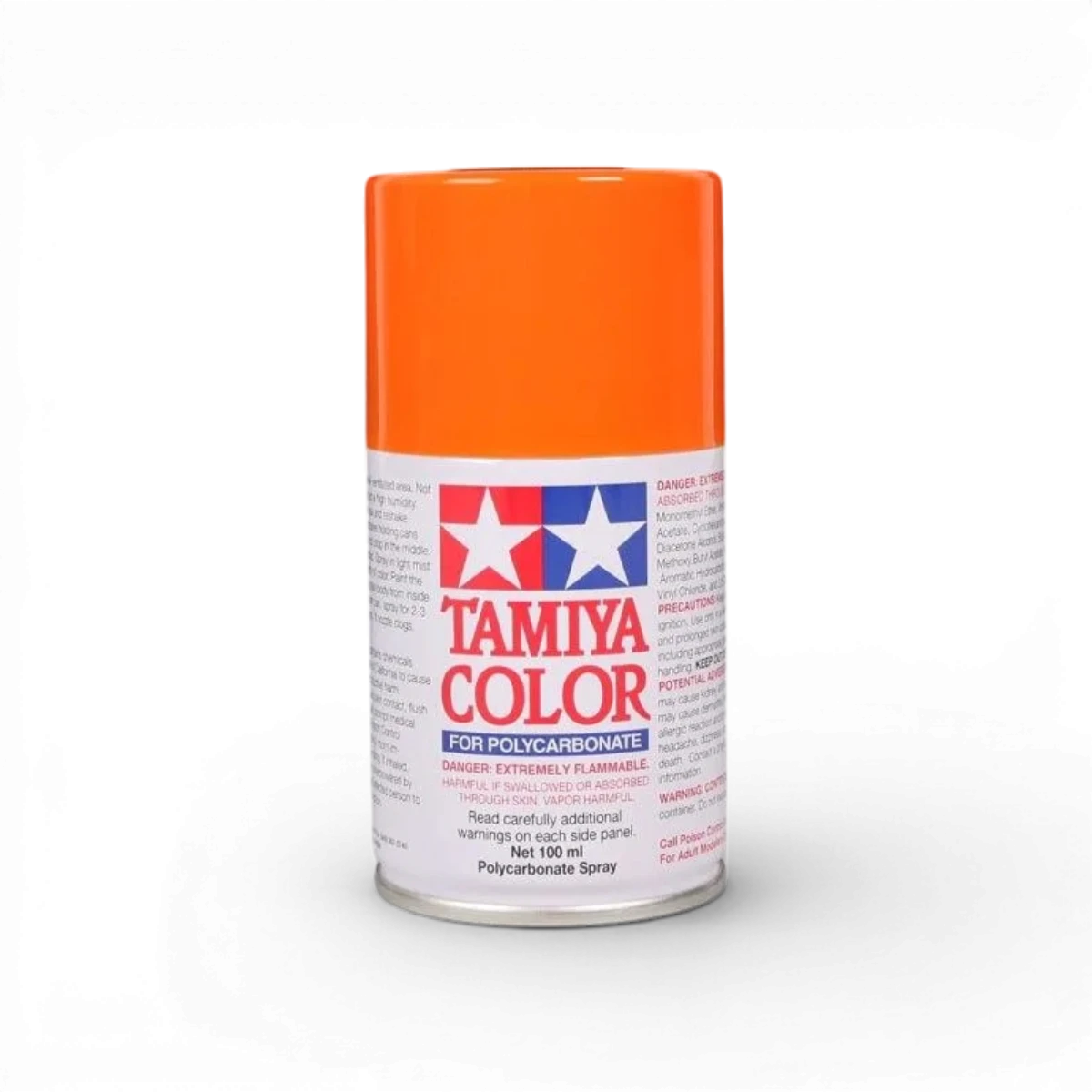 Peinture Lexan Tamiya PS62 Pure Orange pour carrosseries de modélisme, appliquée sur une surface en plastique.