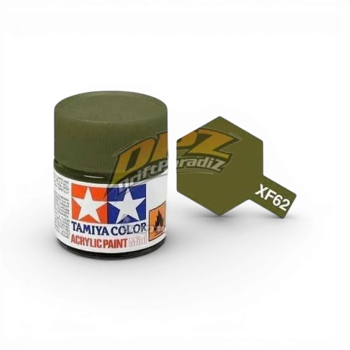 Peinture Tamiya Olive Drab Mat XF62 pour modèles réduits, bouteille de peinture verte matte avec étiquette visible
