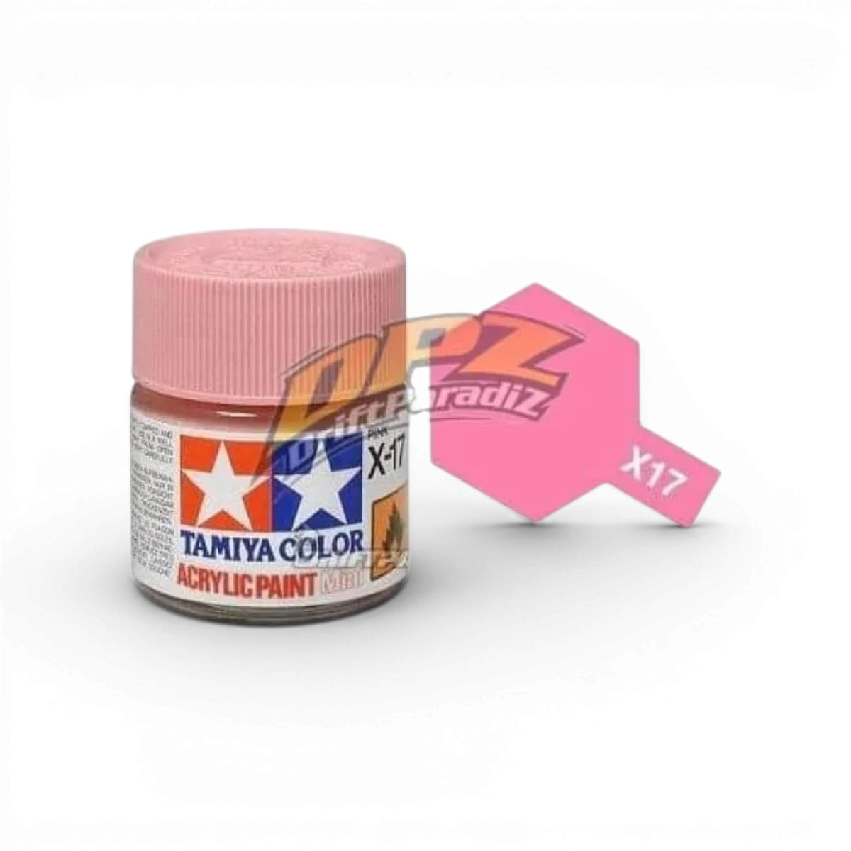 Peinture Rose Brillant X17 de Tamiya, pot de peinture pour modèles et maquettes, finition brillante, vue de l'emballage.