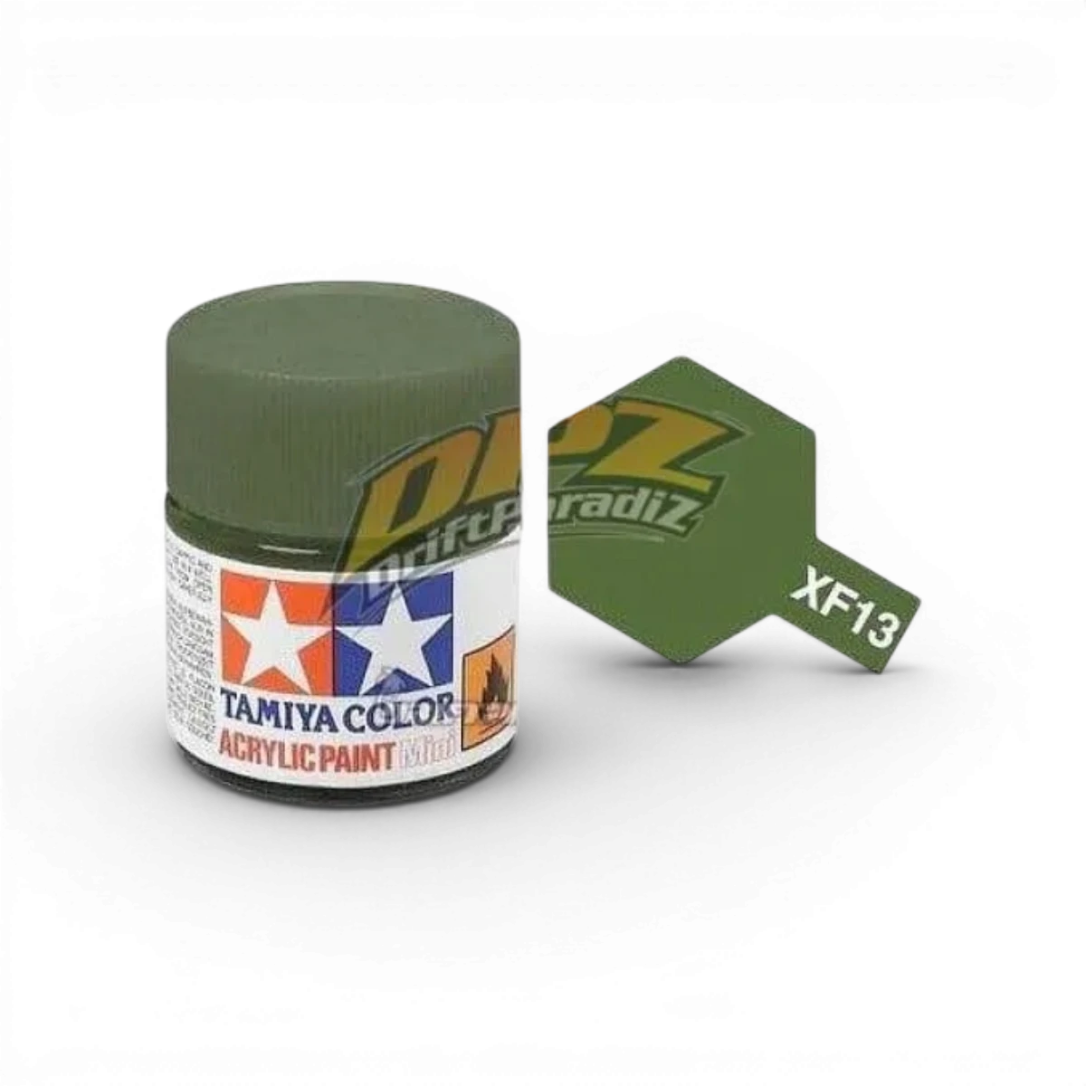 Peinture vert armée japonaise XF13 de Tamiya, tube de peinture pour modélisme, détails visibles sur le packaging.