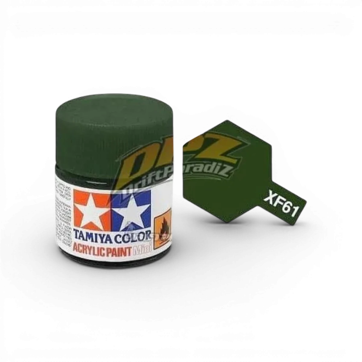Peinture Tamiya Vert Foncé Mat XF61 pour modèles et maquettes, bouteille de peinture en plastique avec étiquette verte.