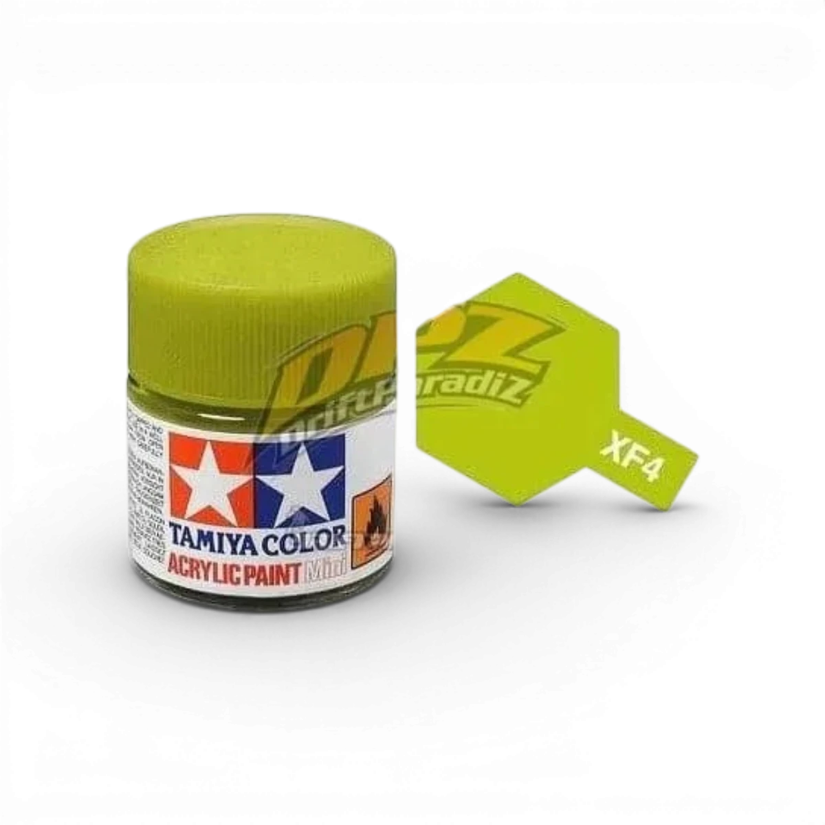 Peinture Tamiya Vert Jaune XF4 pour modèles réduits, flacon de peinture en plastique avec étiquette colorée.