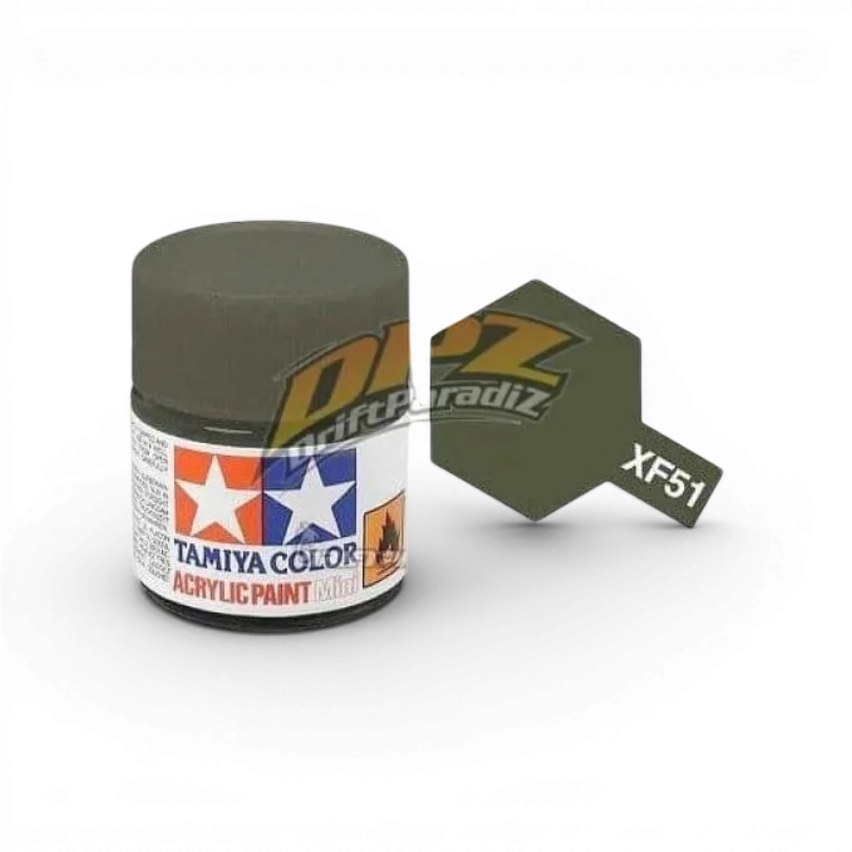 Peinture vert kaki mat XF51 de Tamiya, pot de peinture pour modélisme avec finition mate, vue en gros plan.