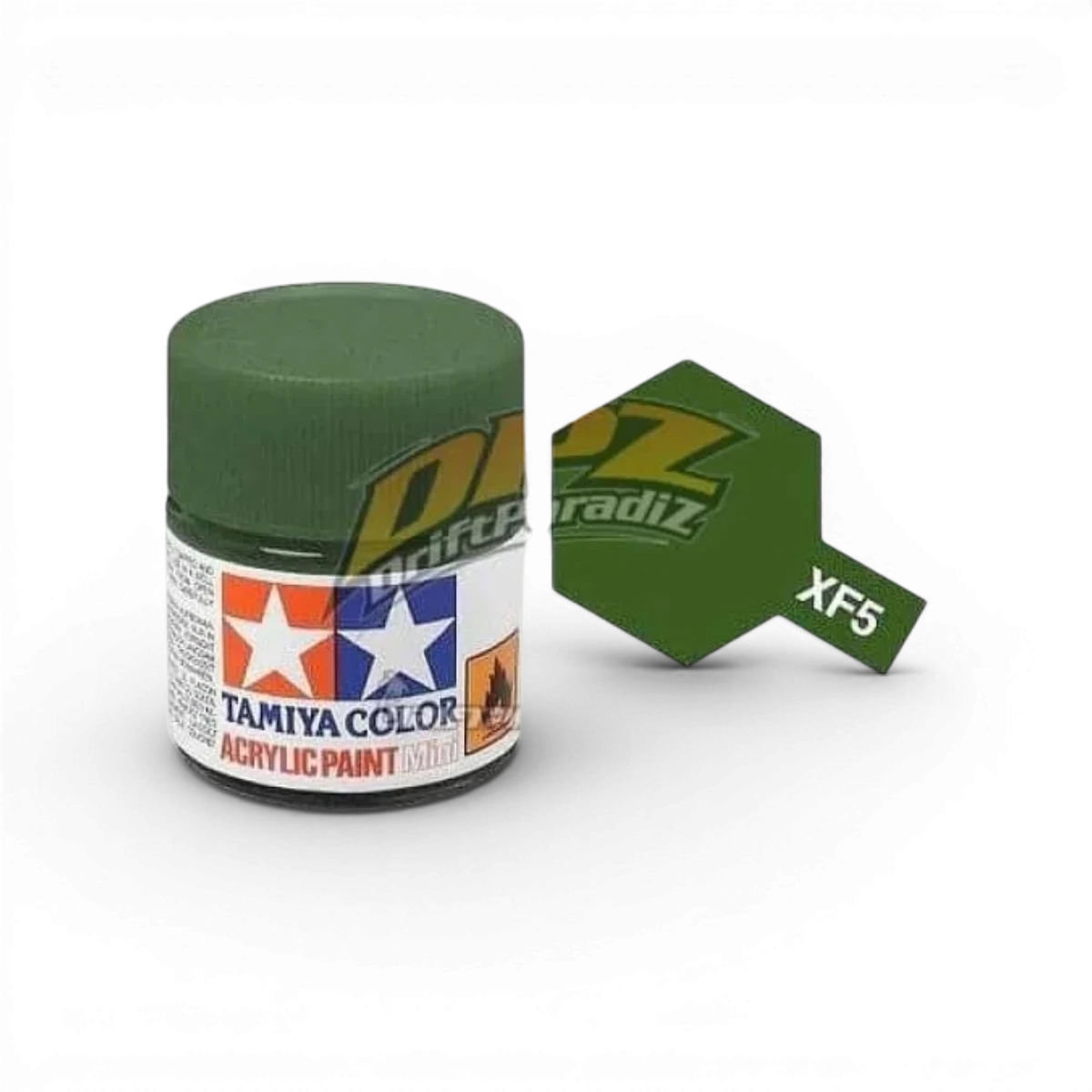Peinture vert mat Tamiya XF5 pour modélisme, bouteille de peinture en verre avec étiquette verte et bouchon noir.