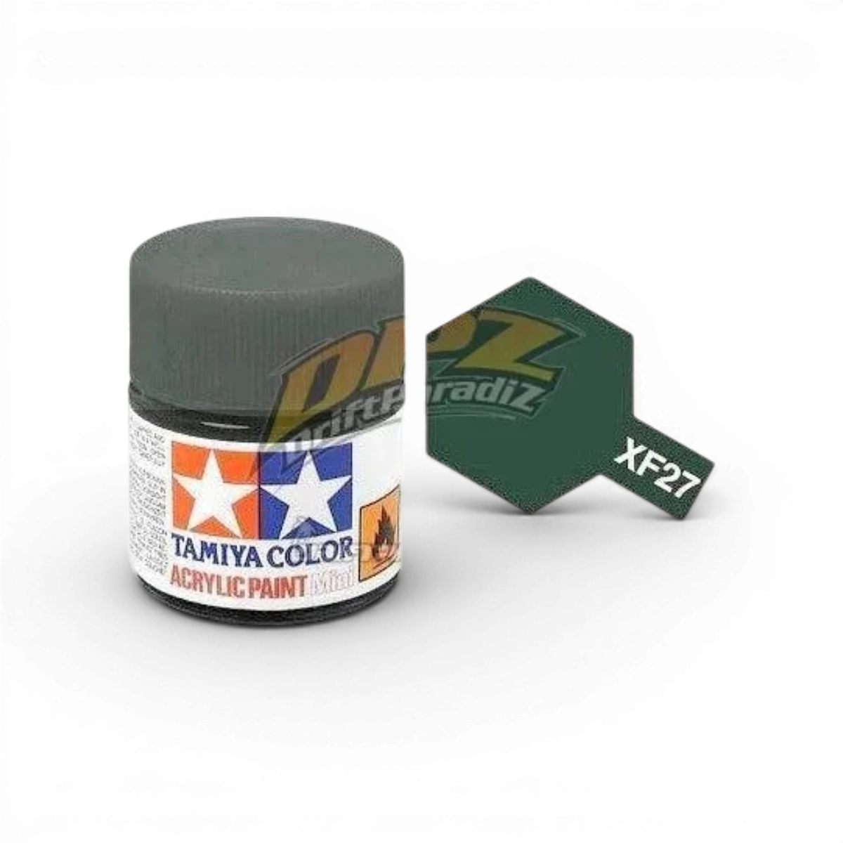 Peinture Tamiya Vert Noir Mat XF27 dans un flacon, idéal pour modélisme et projets de peinture.
