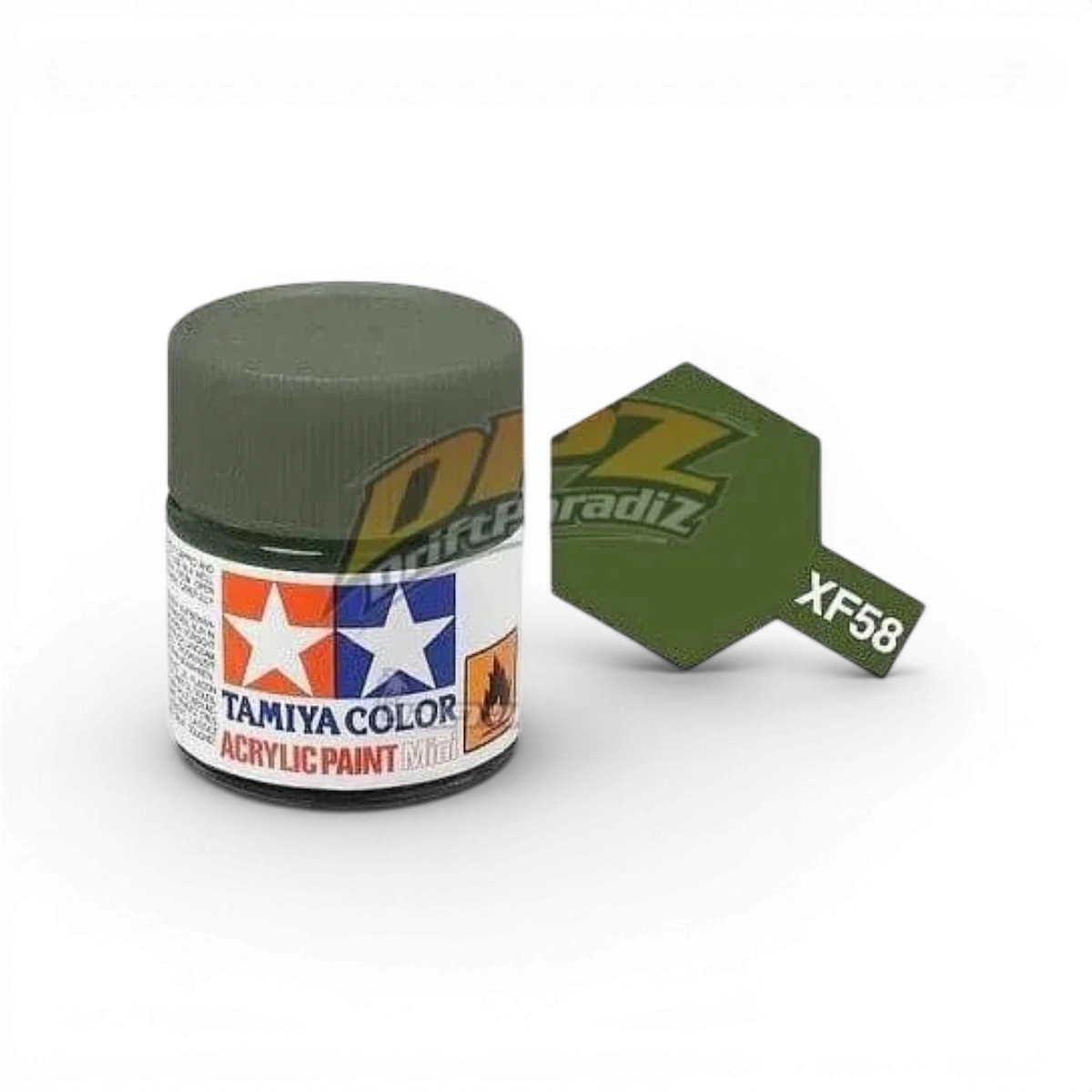 Peinture Tamiya Vert Olive Mat XF58, boîte de peinture pour modélisme, vue de la bouteille avec étiquette visible.