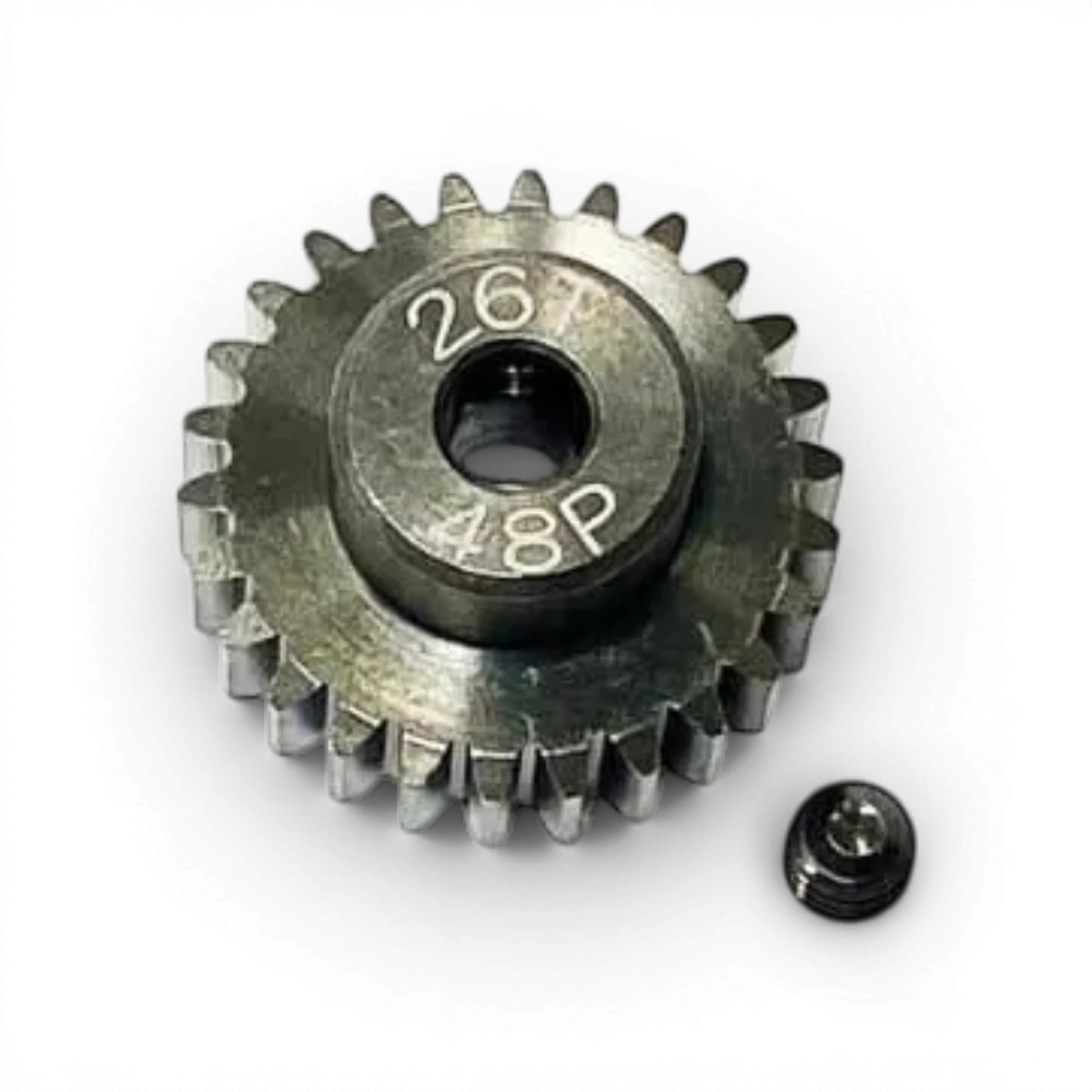 Pignon moteur en acier trempé de 26 dents pour pièces détachées, compatible avec moteurs et mécanismes.