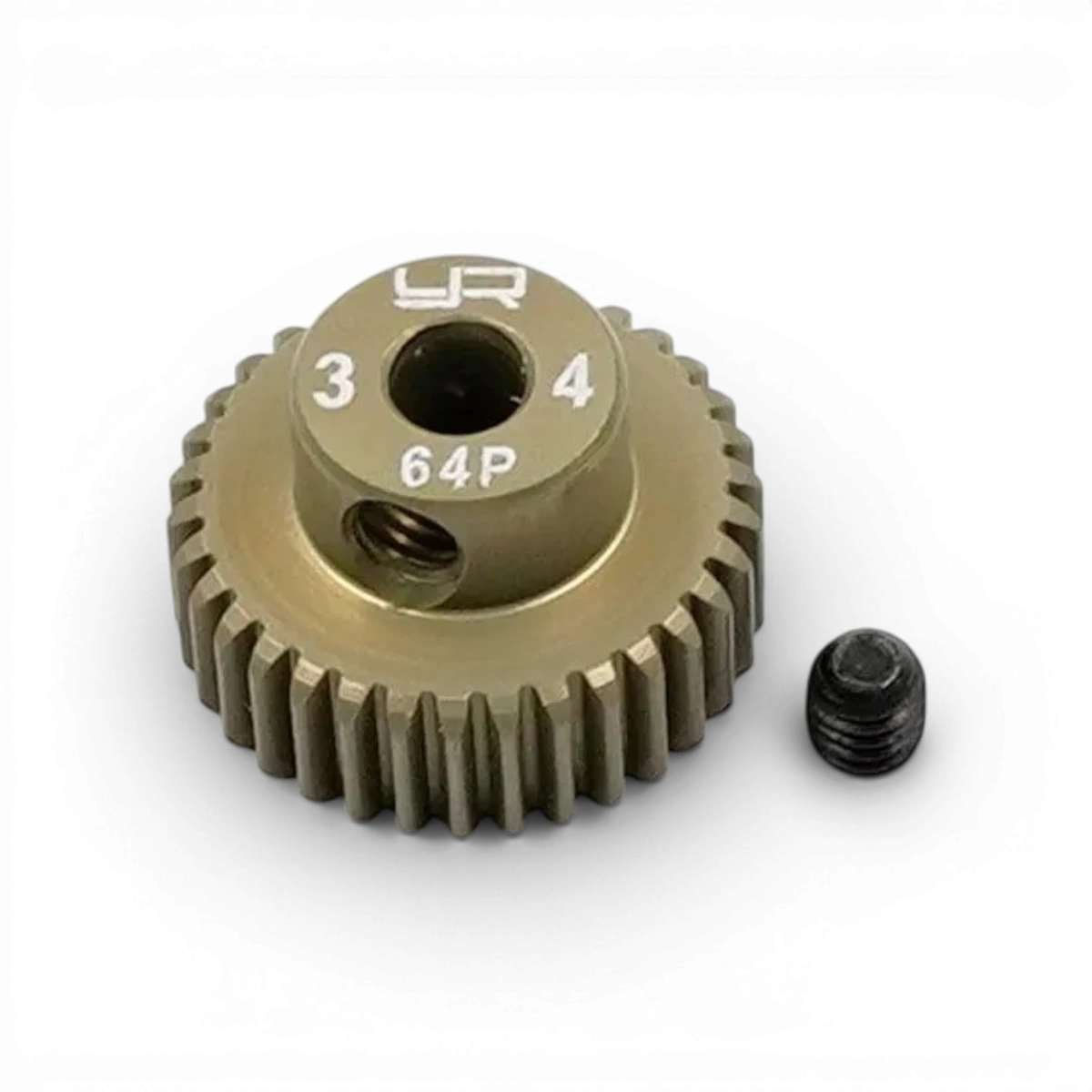 Pignon universel 1/10 Yeah Racing, 34 dents, 64dp, compatible avec véhicules RC, vue en gros plan sur les dents et la fixation
