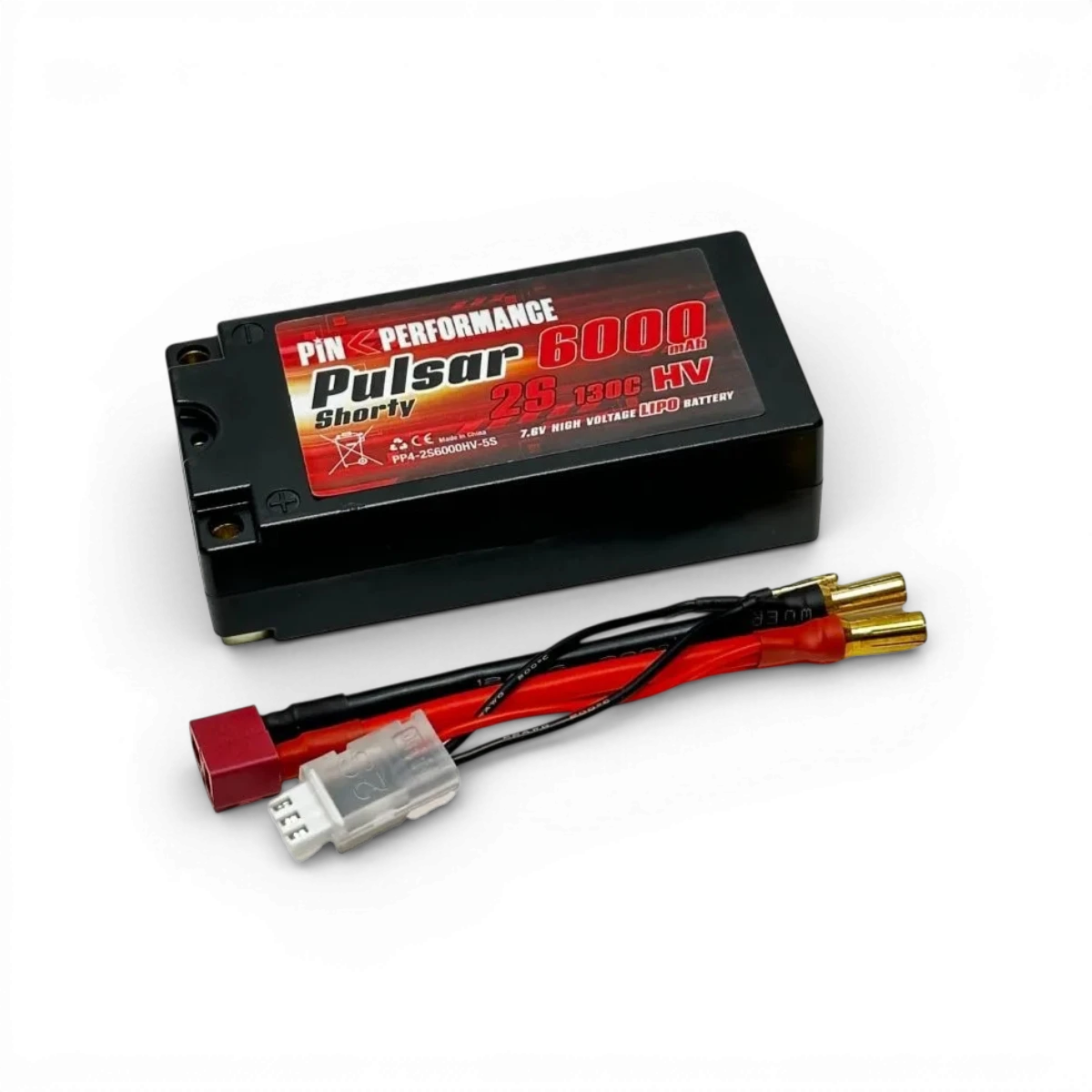 Batterie LiPo Pink Pulsar Shorty 2S 7.6V 6000mAh 130C pour drone, marque Pink Performance, vue de face.