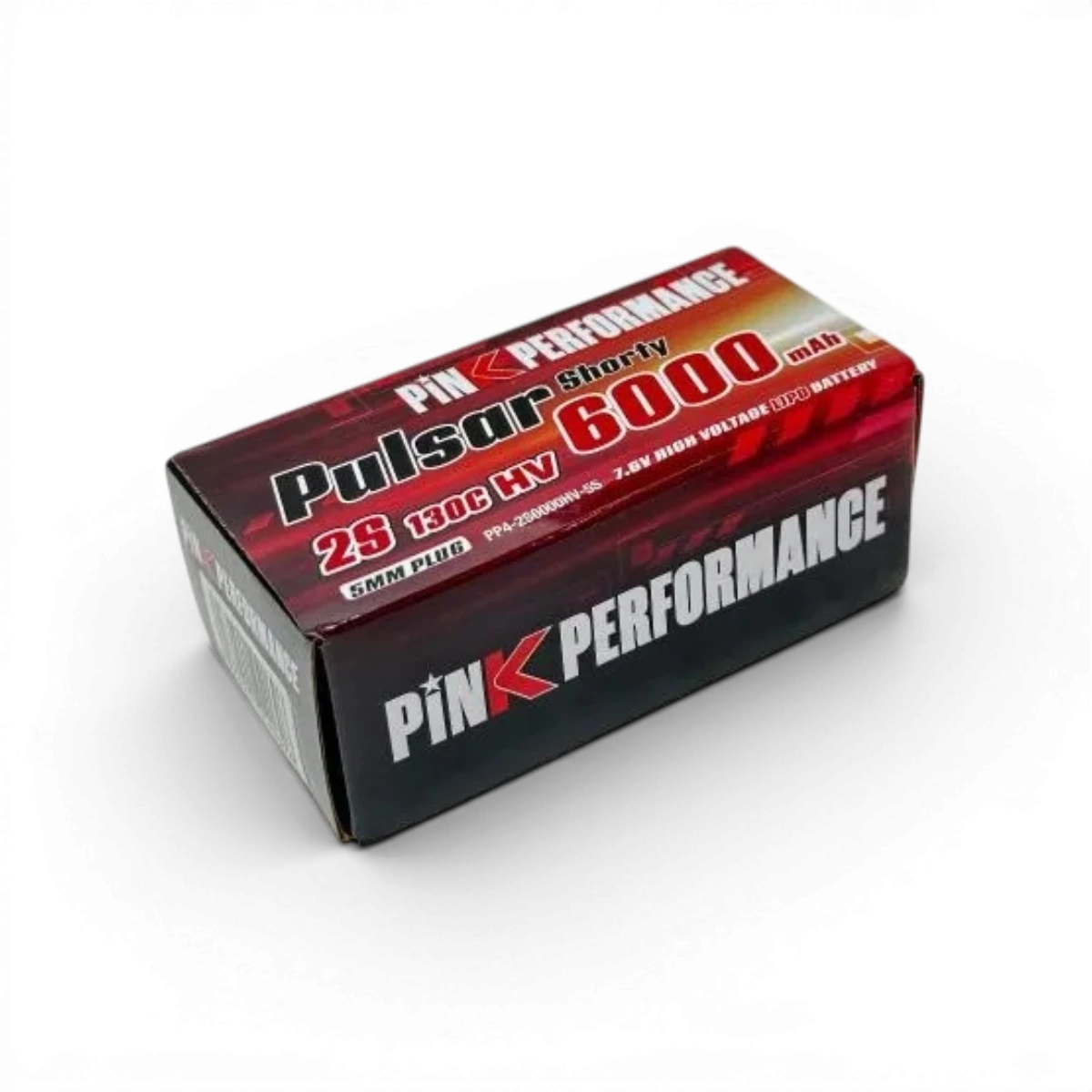 Batterie LiPo Pink Pulsar Shorty 2S 7.6V 6000mAh 130C de Pink Performance pour drone ou RC, couleur rose brillante.