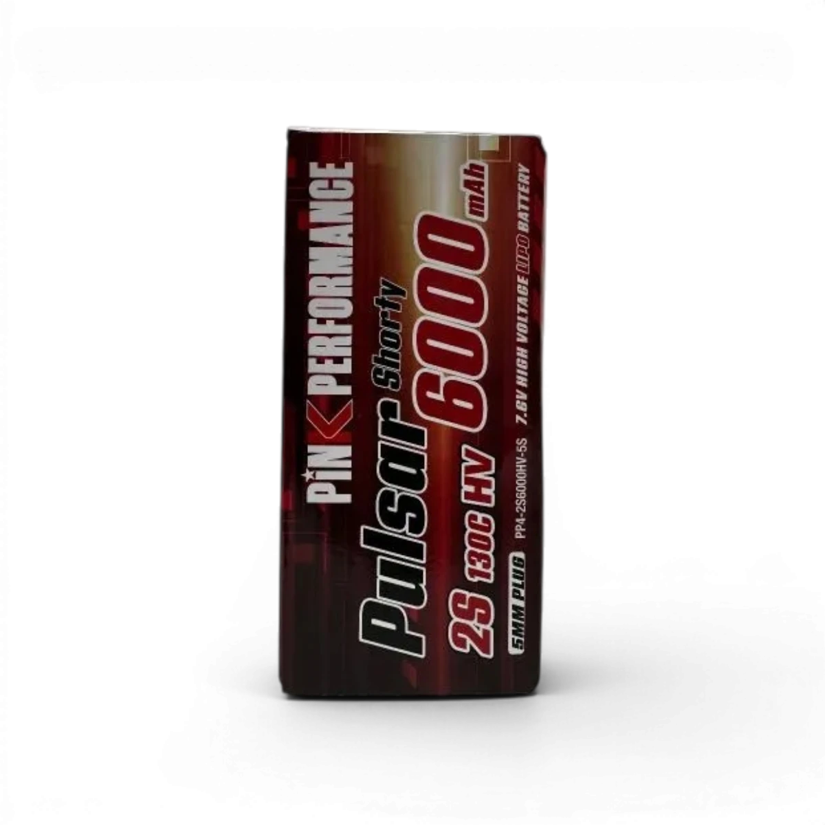 Batterie électronique Pink Pulsar Shorty LiPo 2S 7.6V 6000mAh 130C de Pink Performance, vue de face.
