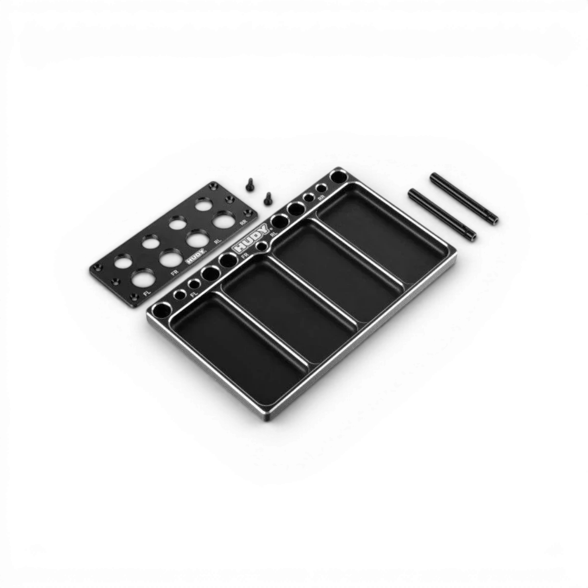 Plateau en aluminium pour diffs et amortisseurs de voitures drift et piste, accessoire de marque Hudy, image montrant les composants.