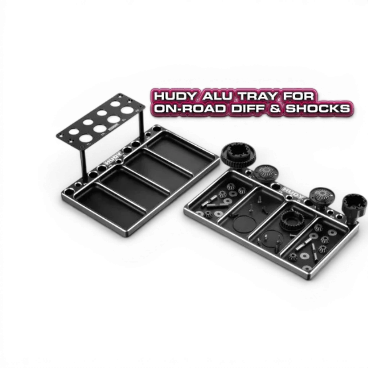 Plateau en aluminium pour diffs et amortisseurs de voitures de drift et piste, accessoire Hudy, avec composants métalliques visibles.