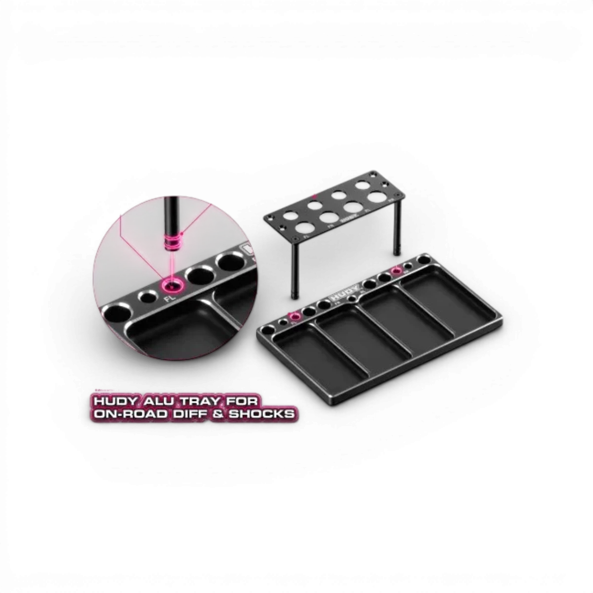 Plateau en aluminium pour diffs et amortisseurs pour voitures de drift et piste, par Hudy, accessoires pour modélisme RC.