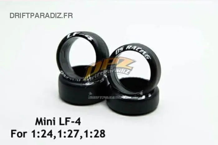Ensemble de 4 pneus MiniZ LF-4 de 11 mm de large, pour voitures de course DS Racing, visibles en gros plan.