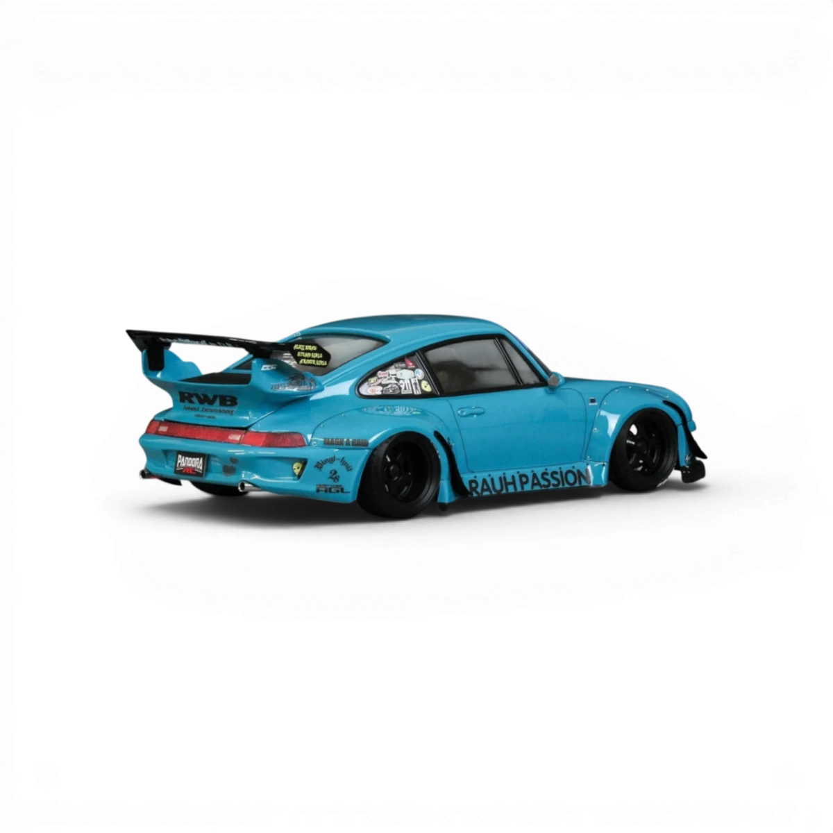 Modèle de carrosserie Porsche 911 RWB 993 RAUH-Welt BEGRIFF de Pandora RC, vue de face avec détails de la carrosserie.