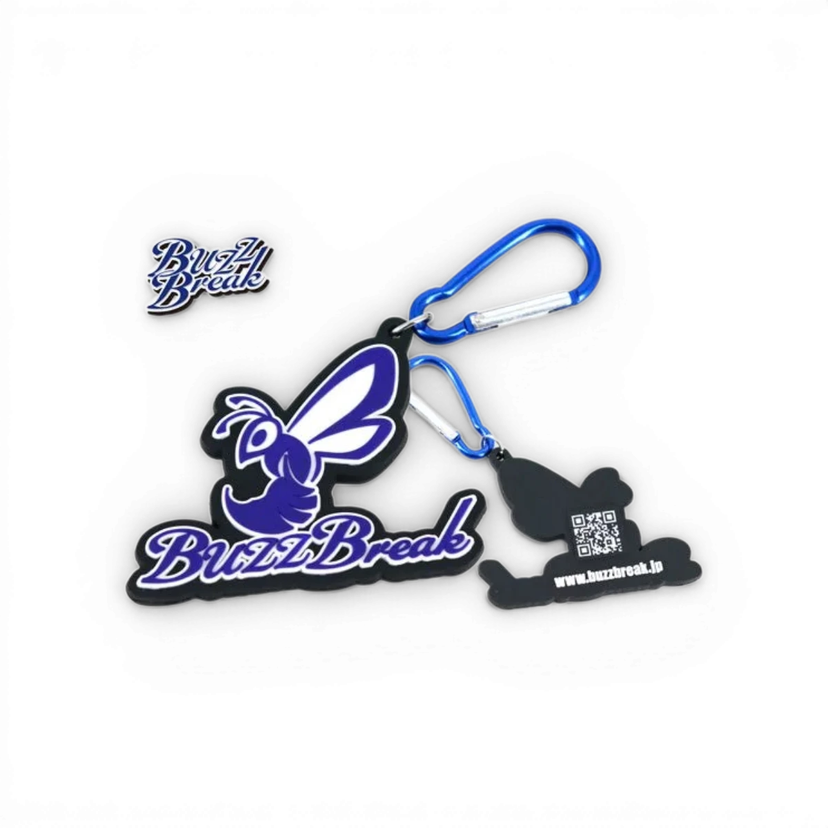 Porte-clé BuzzBreak de type B avec logo BuzzBreak, accessoire en métal, noir et blanc, élégant et pratique.