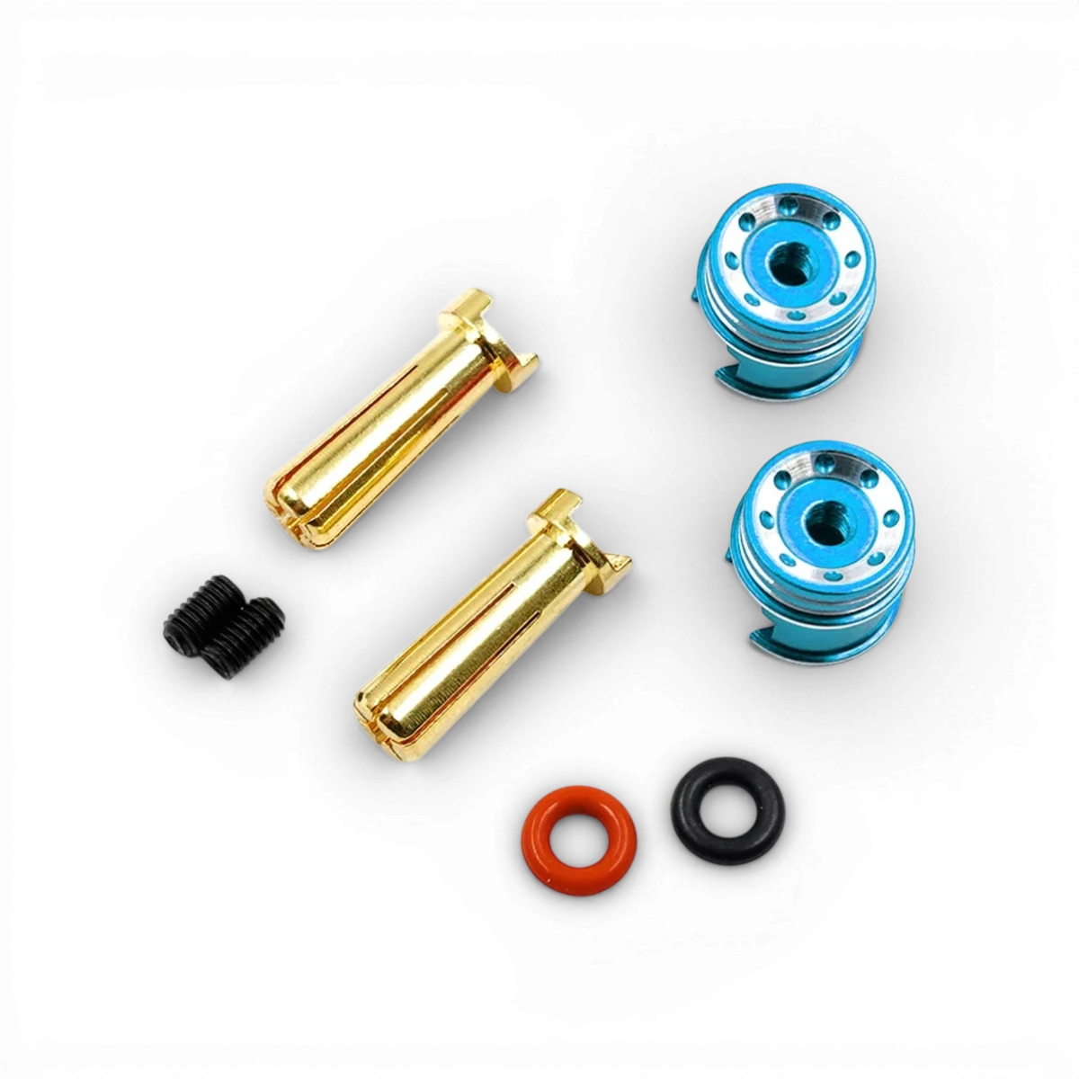 Prises de batterie 5mm avec dissipateurs bleus, composant électronique de la marque Yeah Racing, visible en détail.
