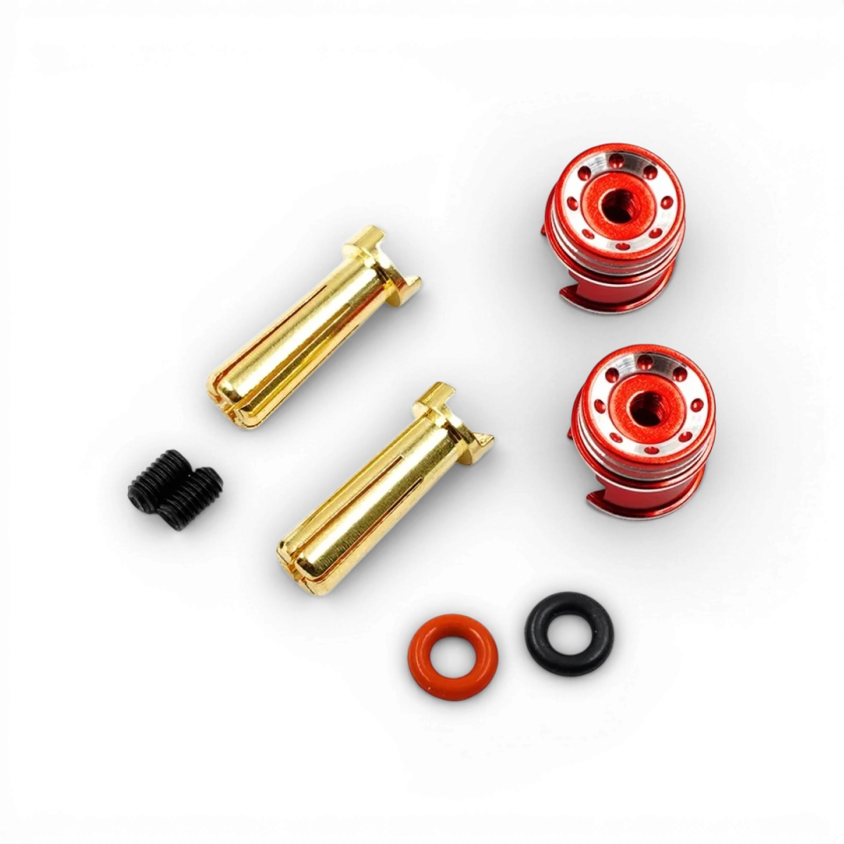 Prises batterie 5mm avec dissipateurs rouges pour électronique, de la marque Yeah Racing, visible avec câbles et composants rouges.
