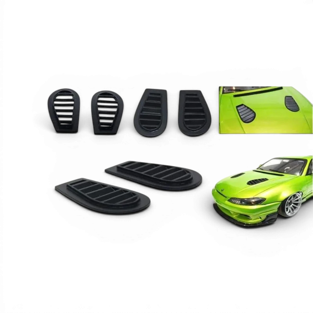 Prises d'air en bonnet vent V2 de la marque Src Sideways RC, conçues pour la customisation de voiture radiocommandée.