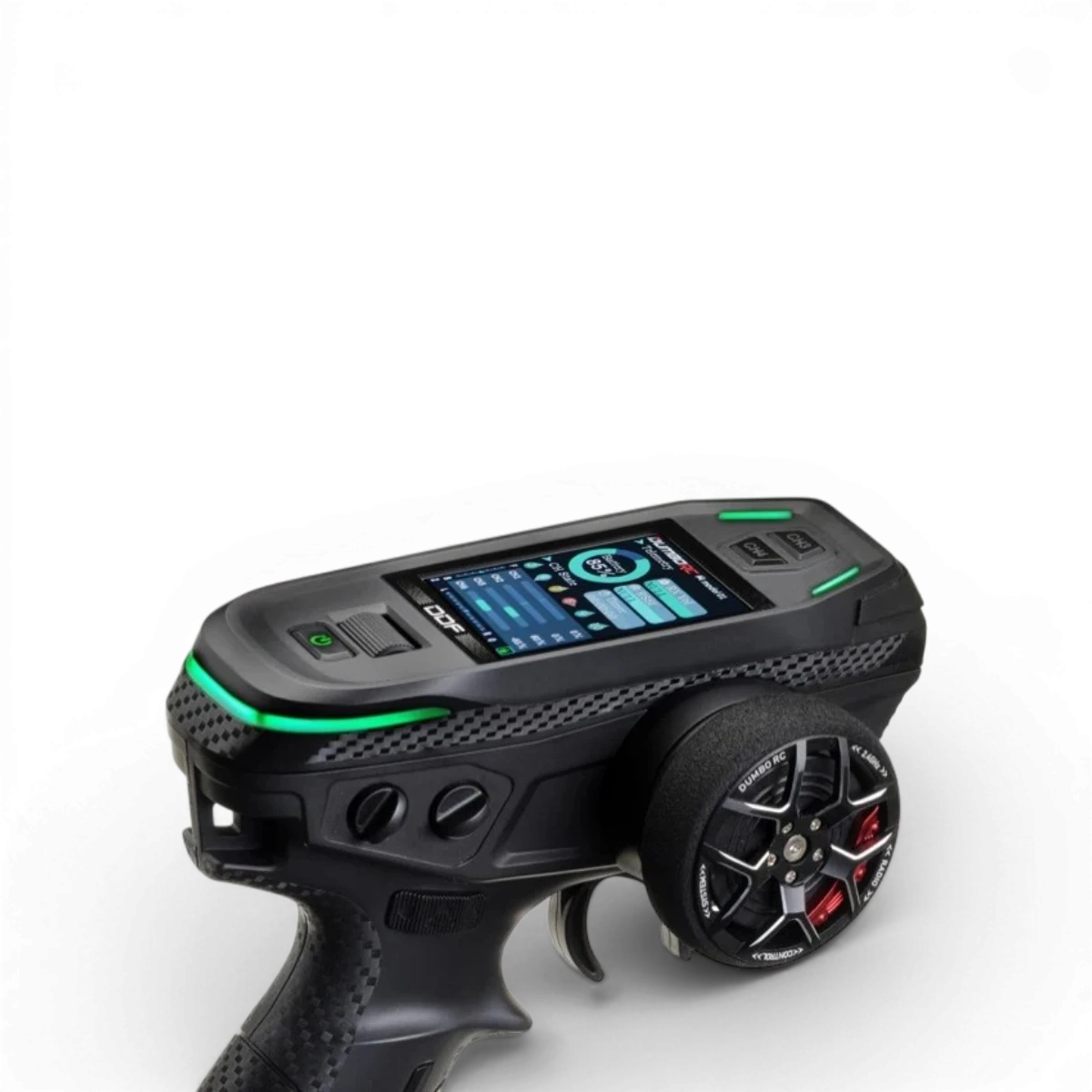 Radio 10 voies Absima CR10P 2.4GHz avec récepteur pour commande électronique, avec boutons et écran affichant les réglages.
