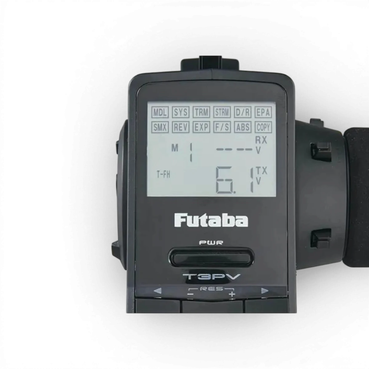 Radio électronique Futaba 3PV avec récepteur R304SB, contrôleur de modèle réduit, affichage et commandes visibles.