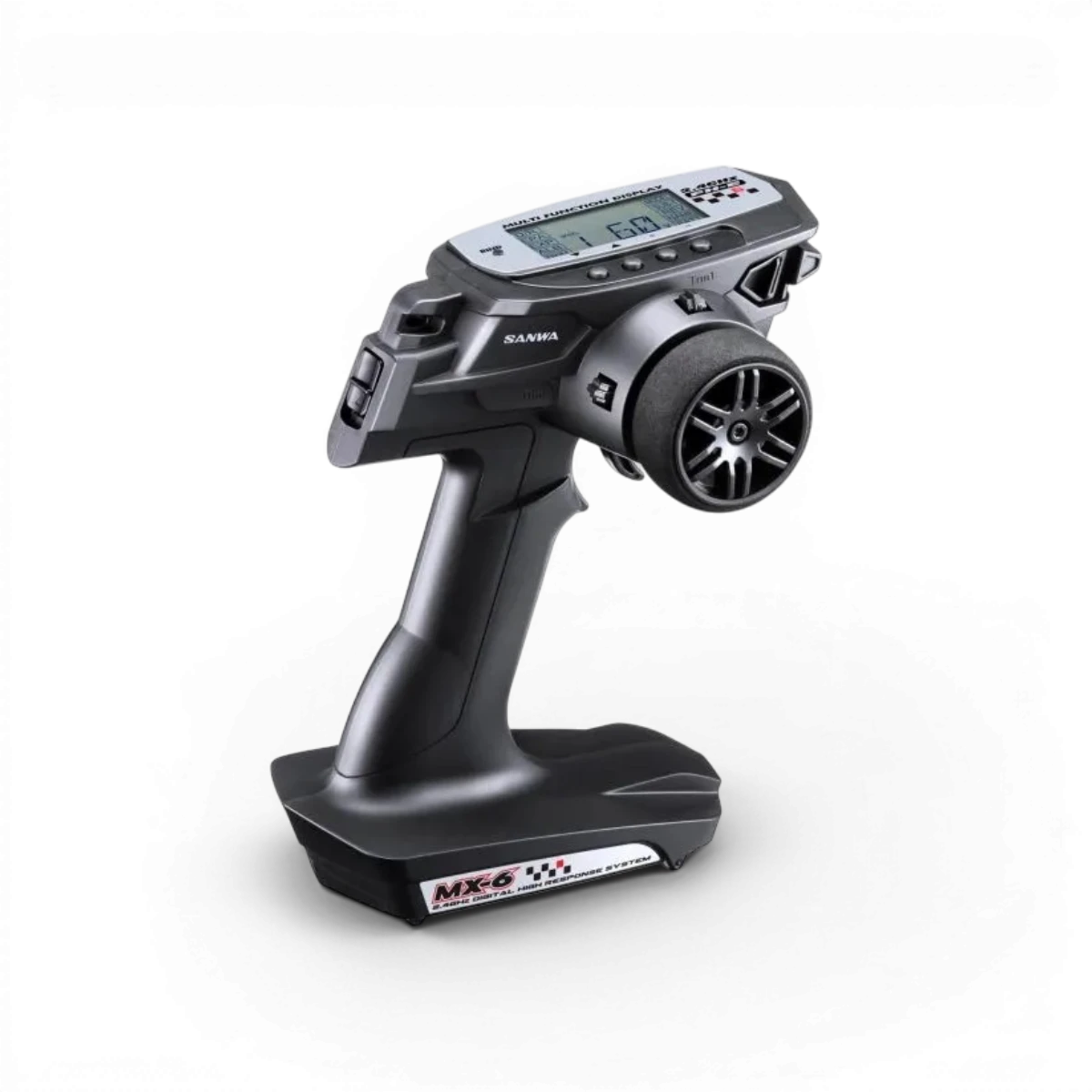 Radio MX6 3 voies de Sanwa, télécommande électronique pour modélisme, avec écran et commandes visibles.