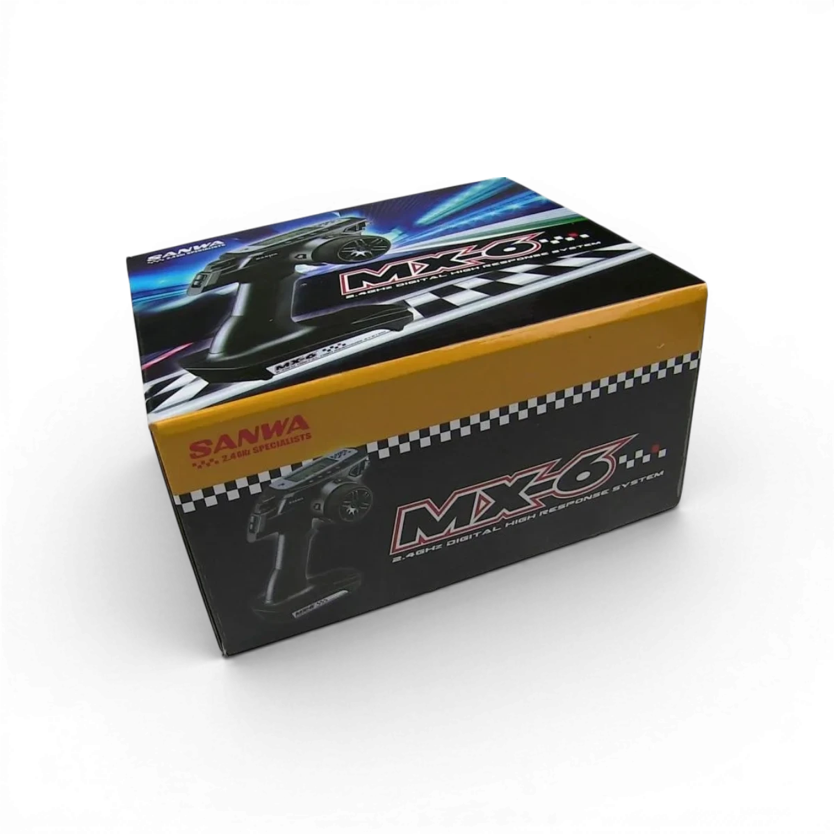 Radio MX6 3 voies Sanwa, télécommande électronique pour modélisme avec contrôles précis et design compact.