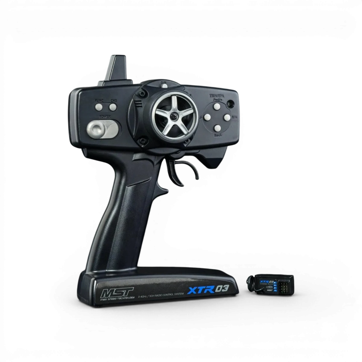Radio électronique Max Speed Technology XTR-03 2.4G avec manette de contrôle, vue en gros plan sur l'écran et les boutons