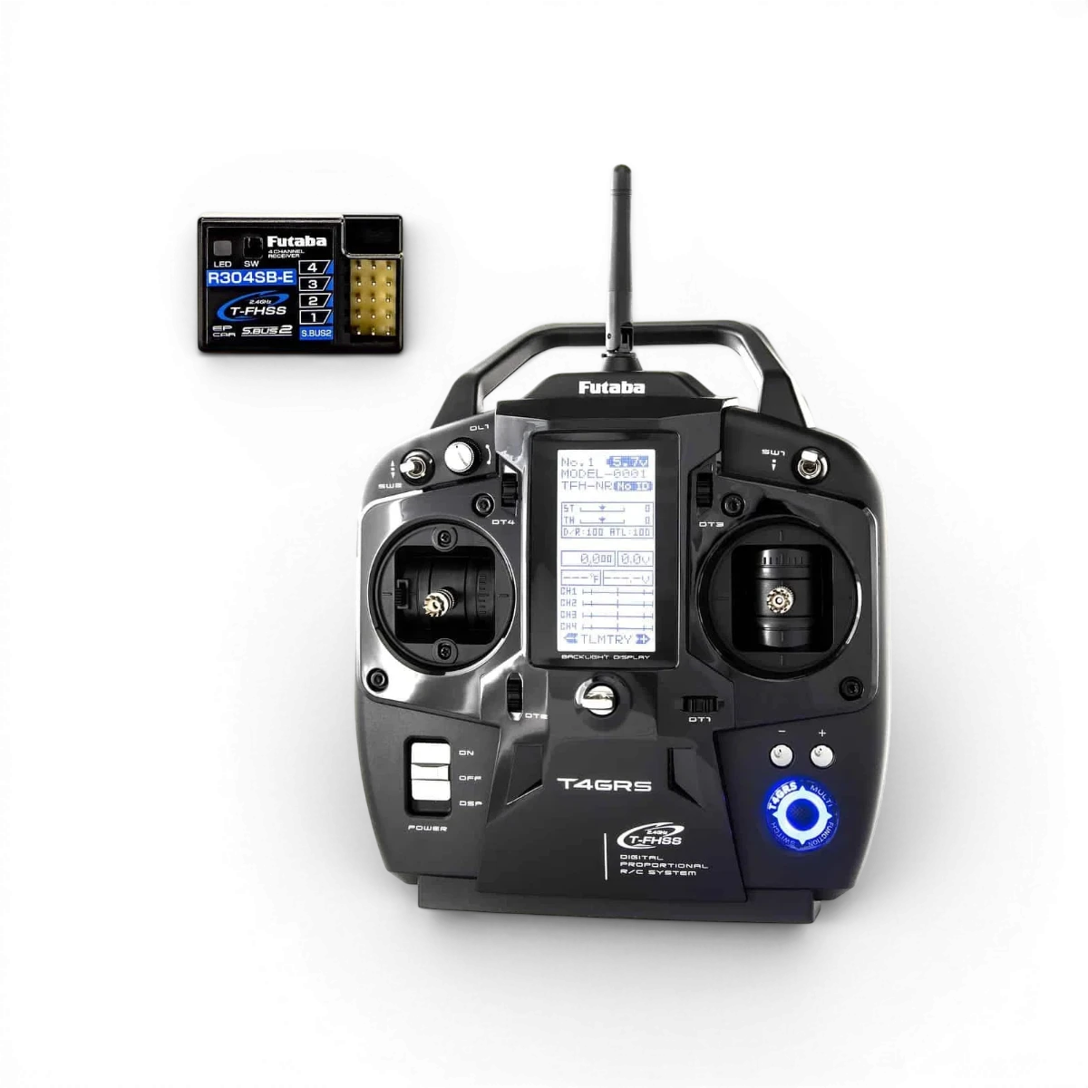 Radiocommande Futaba 4 voies 4GRS avec récepteur R304SB FHSS/S-FHSS pour modèles RC, contrôle électronique précis.