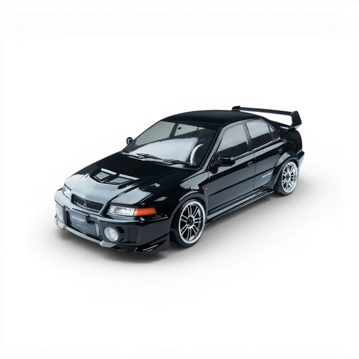 Voiture RC drift brushless Max Speed Technology RMX 2.5 RTR Mitsubishi Evo 5 noire, vue de côté avec détails de la carrosserie.