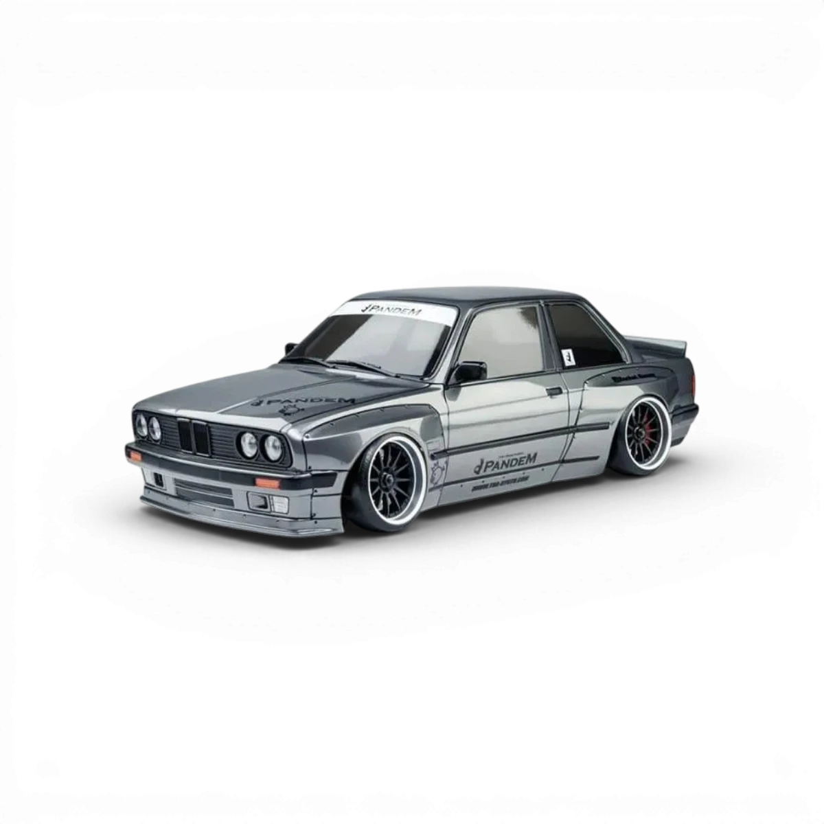 Voiture RC drift brushless Max Speed Technology E30 RB grise, modèle RTR BMW E30 avec détails réalistes.