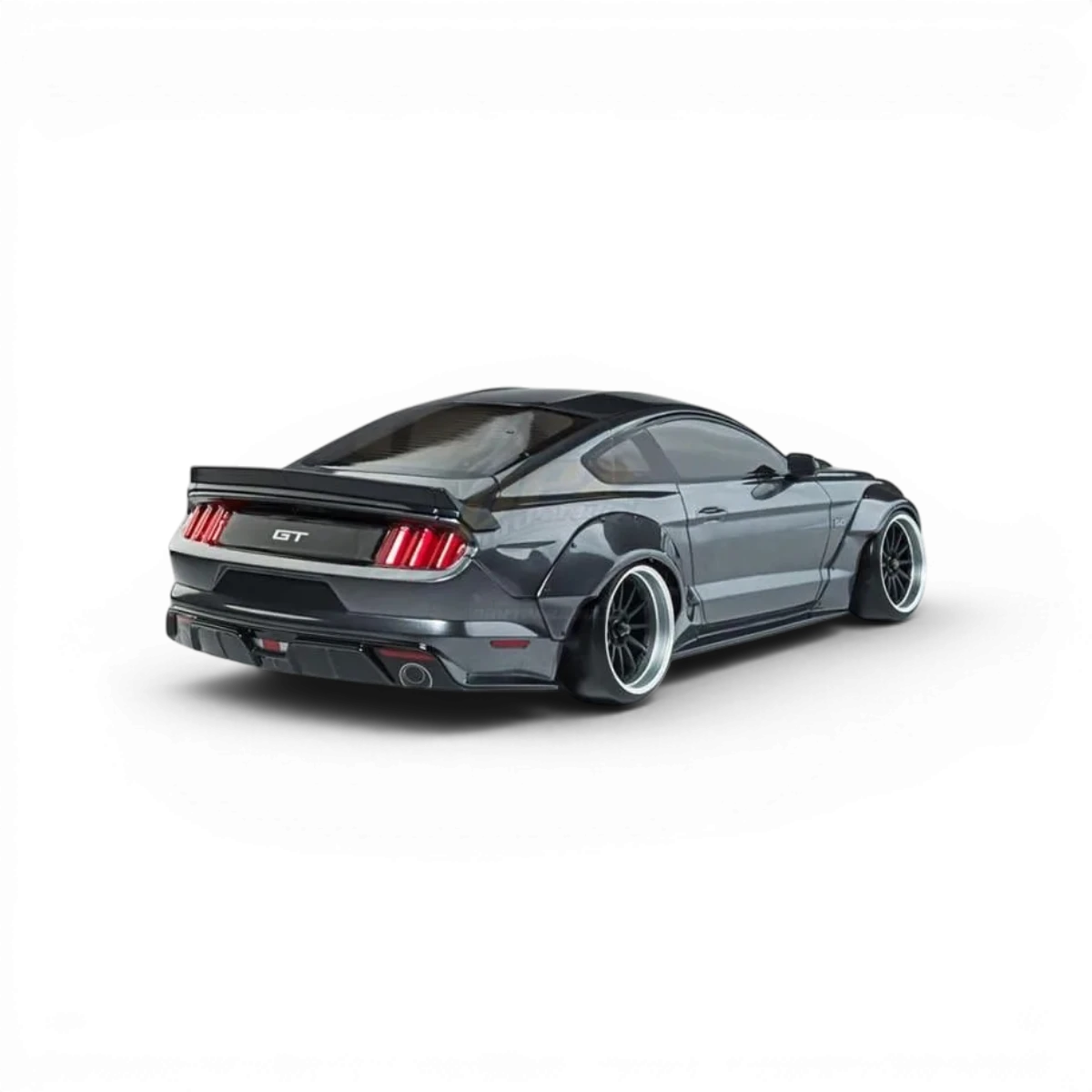 Voiture RC drift brushless Max Speed Technology Ford Mustang grise, modèle RTR LBMT, vue de côté avec pneus et détails design.