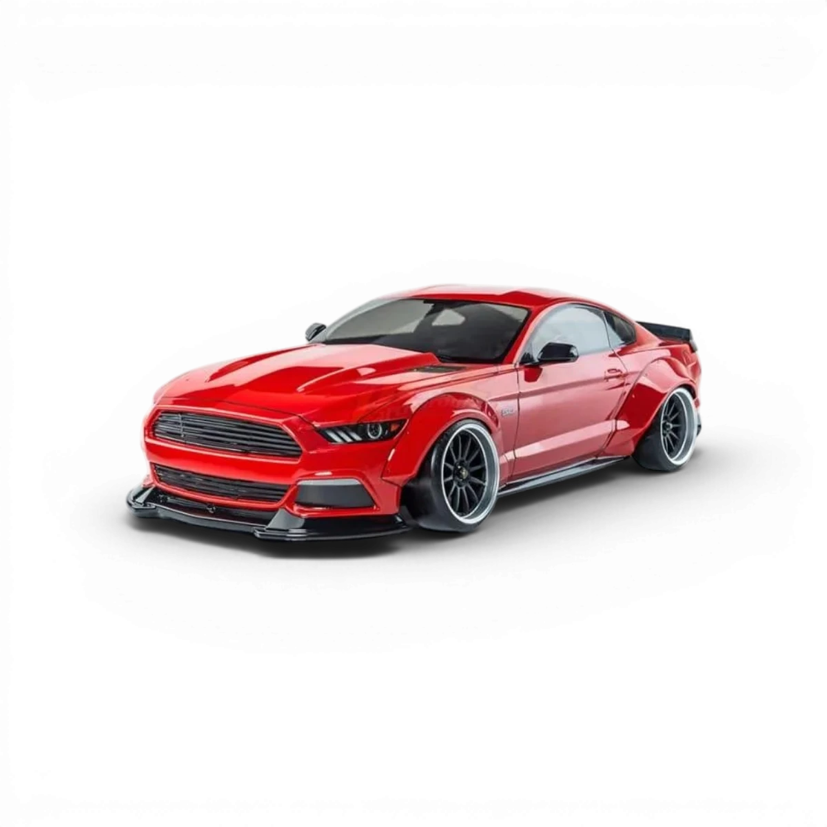 Voiture RC drift brushless Max Speed Technology LBMT rouge Ford Mustang, vue de côté avec détails de la carrosserie.