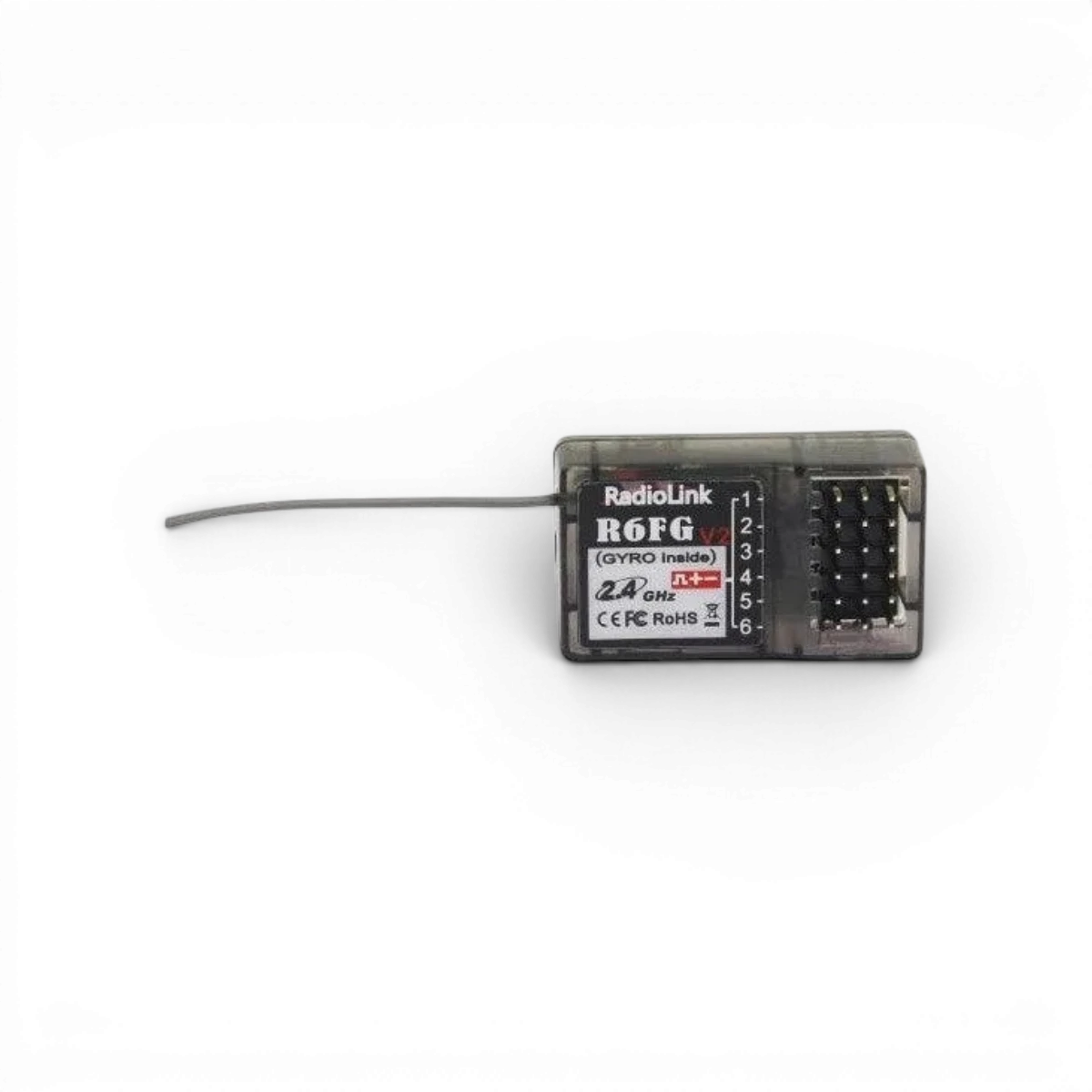 Télécommande RC4GS V3 4 canaux avec récepteur R6FG et gyro intégré, électronique RadioLink, vue de l'ensemble de l'appareil.