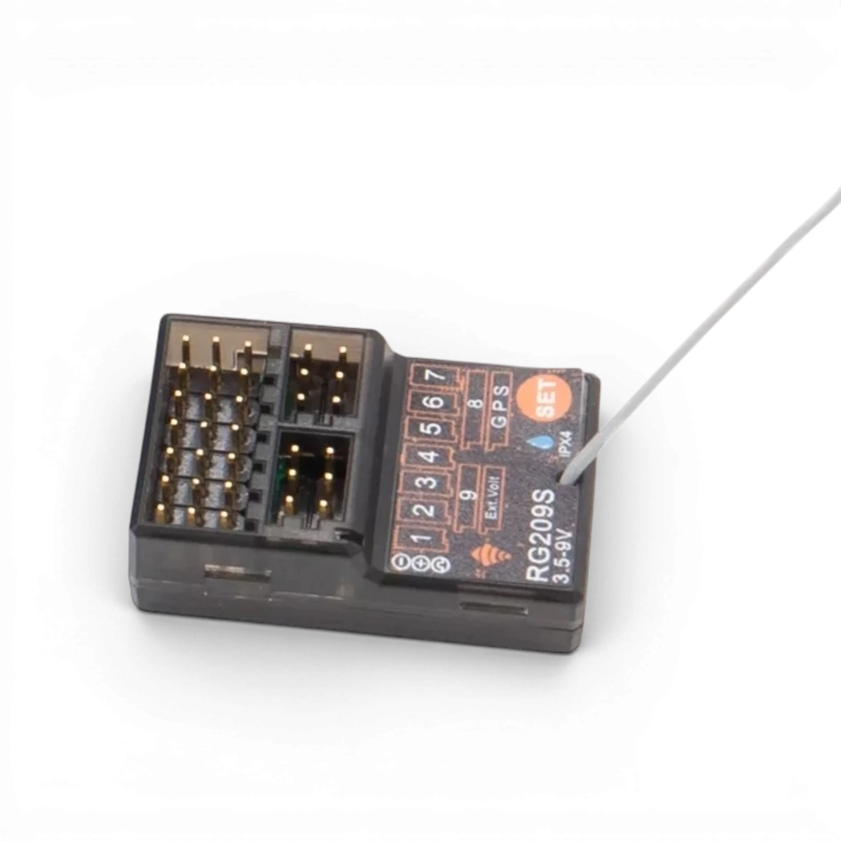 Récepteur électronique Konect 9 voies, noir, avec connecteurs, pour drone ou modèle RC, visible en gros plan sur fond blanc.