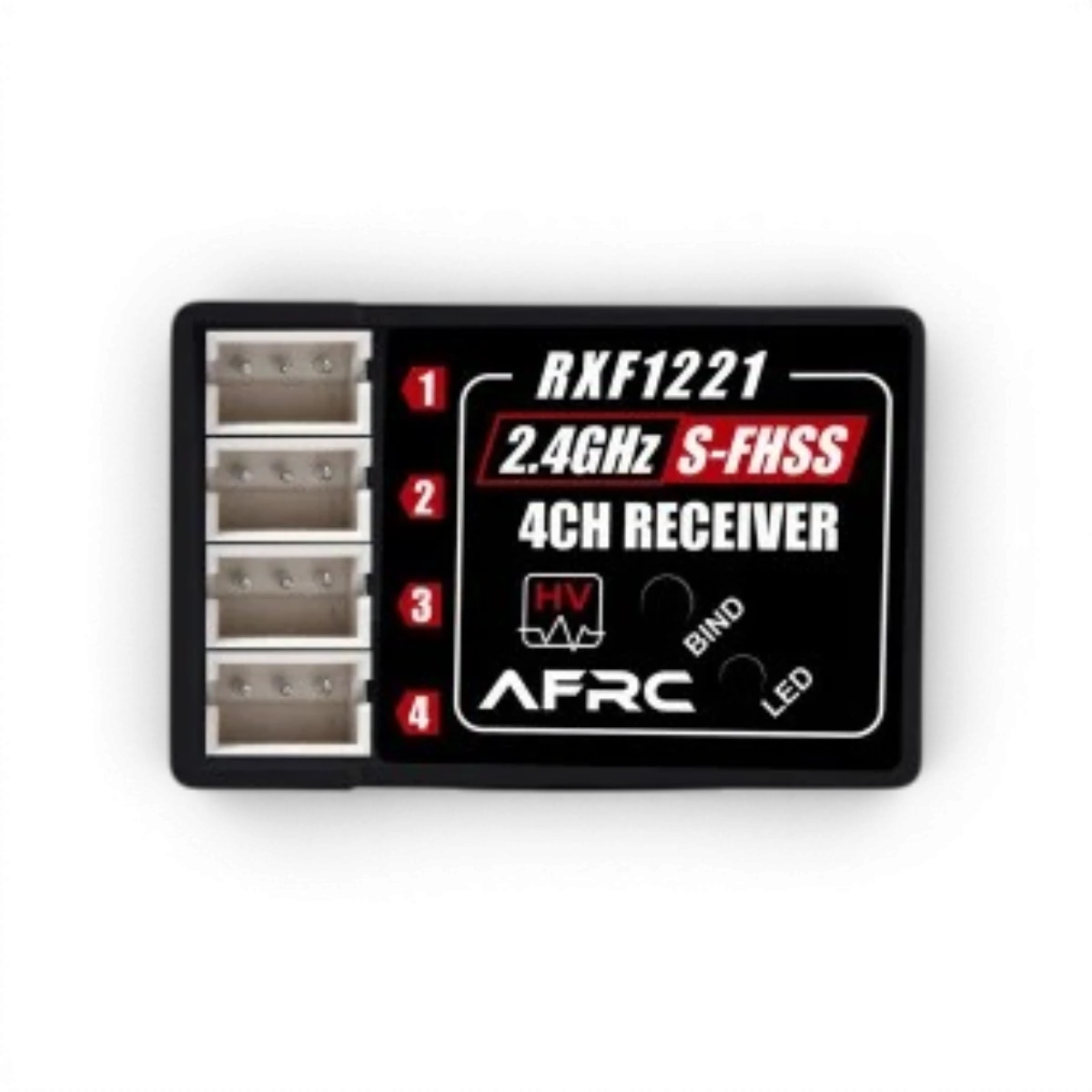 Récepteur électronique AFRC compatible Futaba S-FHSS et TM-FH RF, avec connecteurs et indicateurs lumineux visibles.