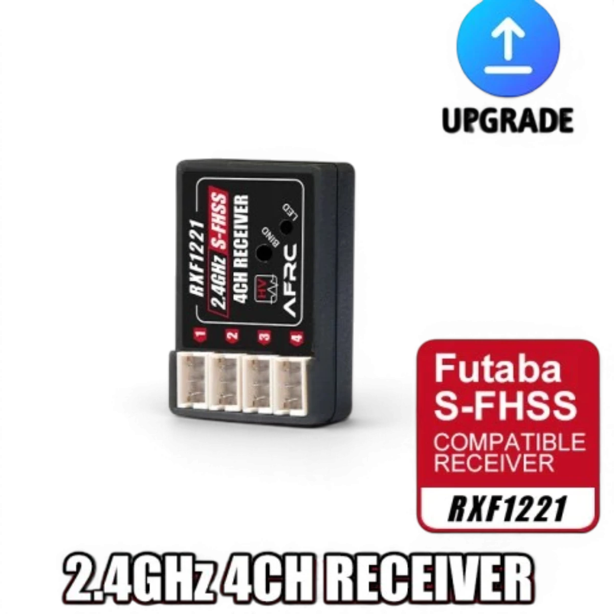 Récepteur électronique AFRC compatible FUTABA S-FHSS et TM-FH RF, avec connecteurs et antenne visible.