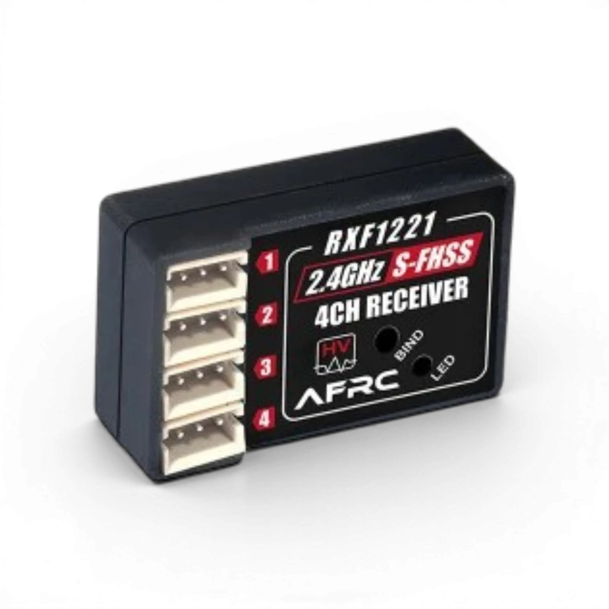 Récepteur électronique AFRC compatible FUTABA S-FHSS/TM-FH RF, connecteur et antenne visibles, pour radiocommande.