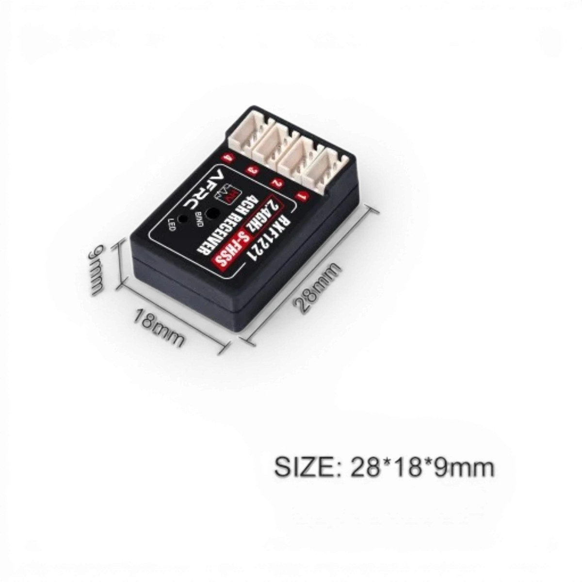 Récepteur électronique AFRC compatible FUTABA S-FHSS et TM-FH RF, avec connecteurs et indicateurs lumineux visibles.