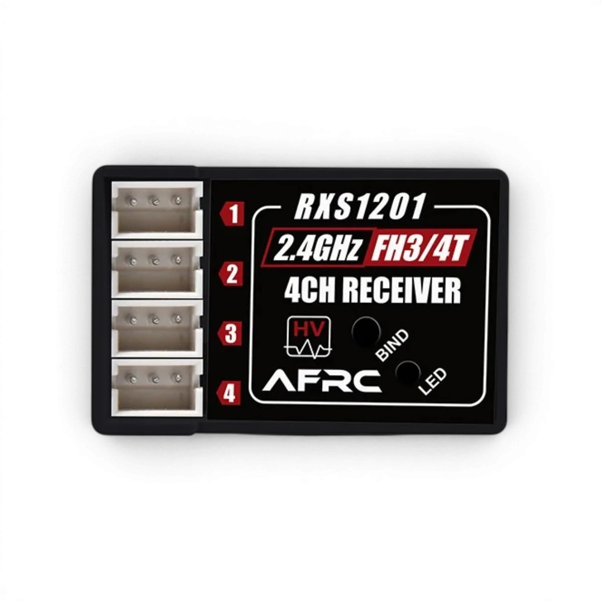 Récepteur électronique AFRC compatible avec SANWA FH3/FH4T, vue de l'image montrant le récepteur avec ses connecteurs.