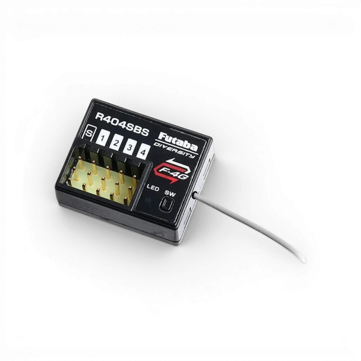 Récepteur Futaba R404SB pour électronique, vue de l'image montrant le boîtier et les connecteurs du récepteur.