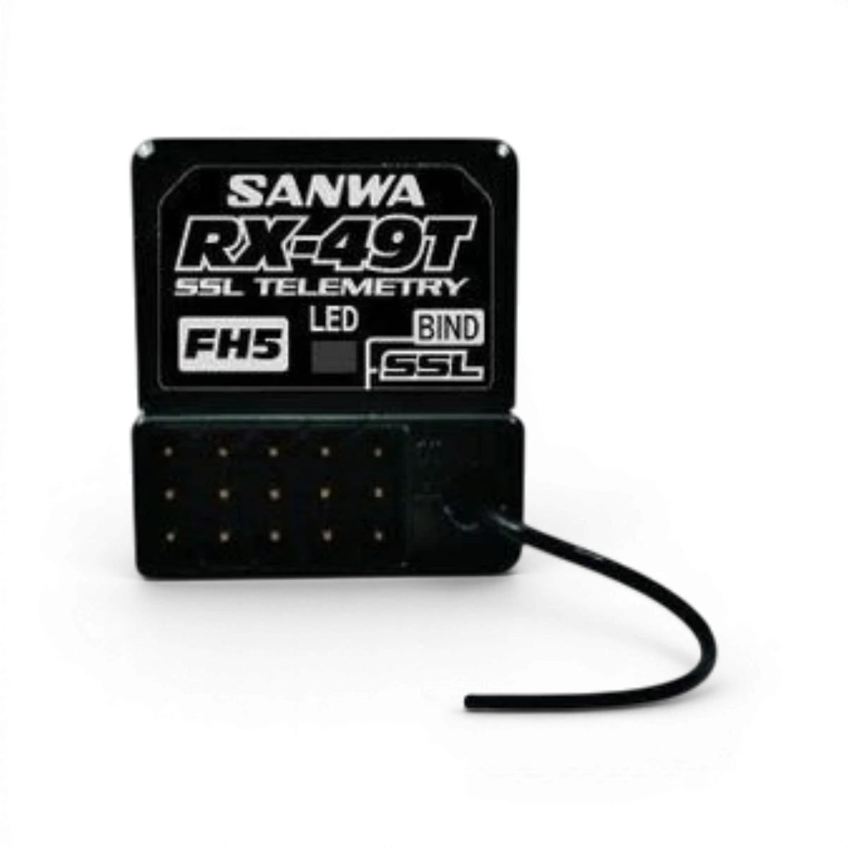 Récepteur électronique Sanwa RX-49T FH5 SXR avec antenne et connecteurs pour télécommande RC, vue de face.