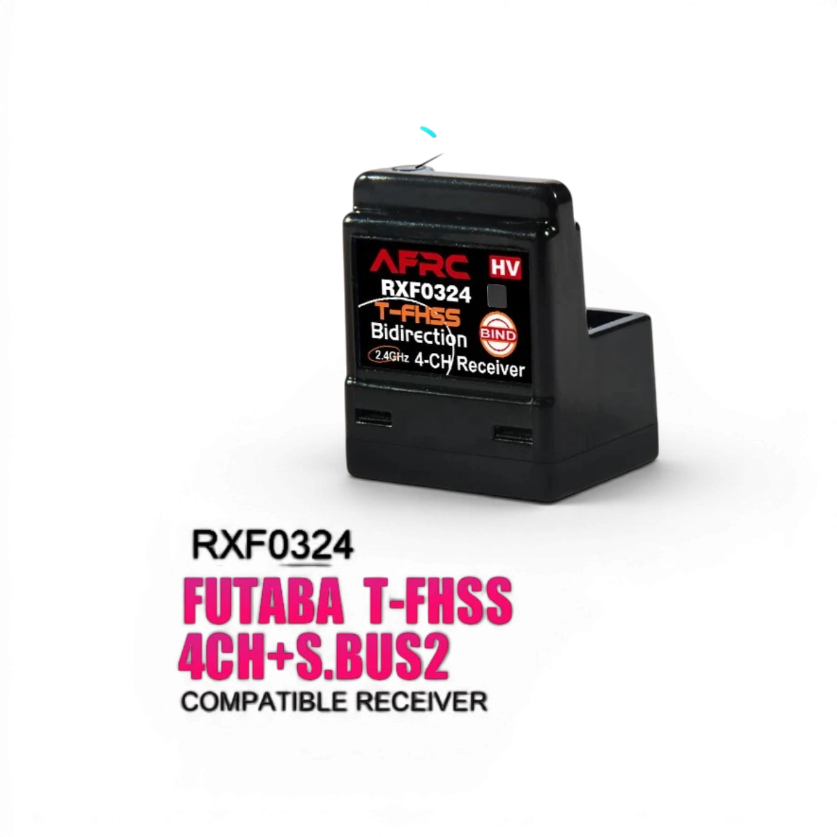 Récepteur RXF0324 AFRC pour Futaba T-FHSS 4 voies, électronique de radiocommande, connecté avec antenne visible.