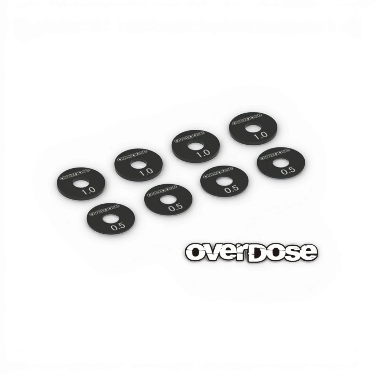 Cale de roue en aluminium Overdose, 0,5-1,0 mm, pièce détachée pour ajustement de roue, image montrant la cale en détail.