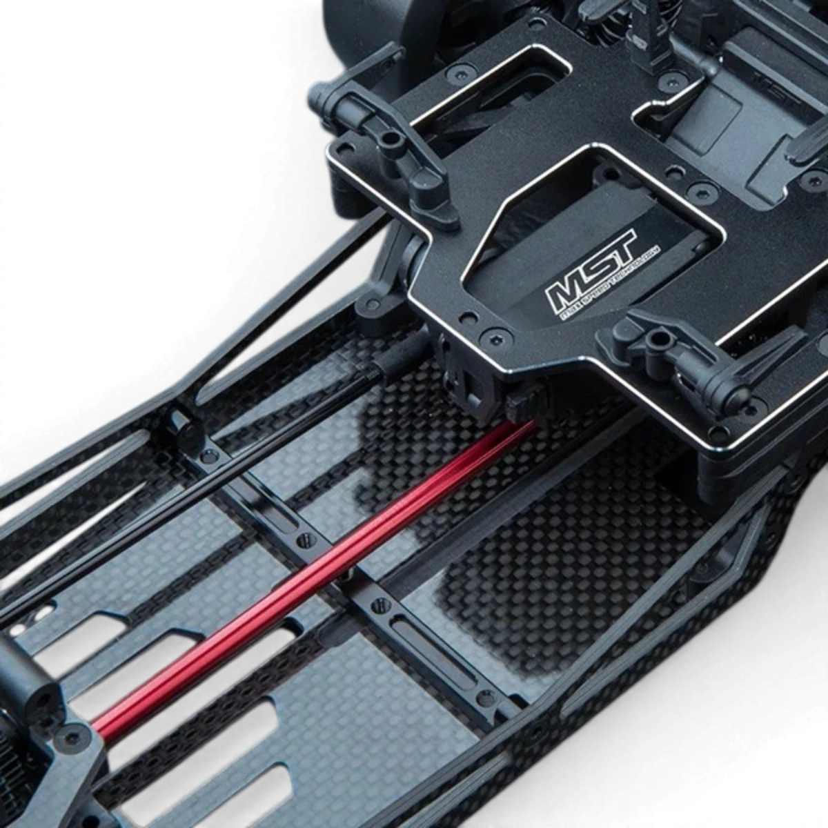 Renfort inférieur de châssis en aluminium pour MST FRX, pièce détachée de Max Speed Technology, vue de face.