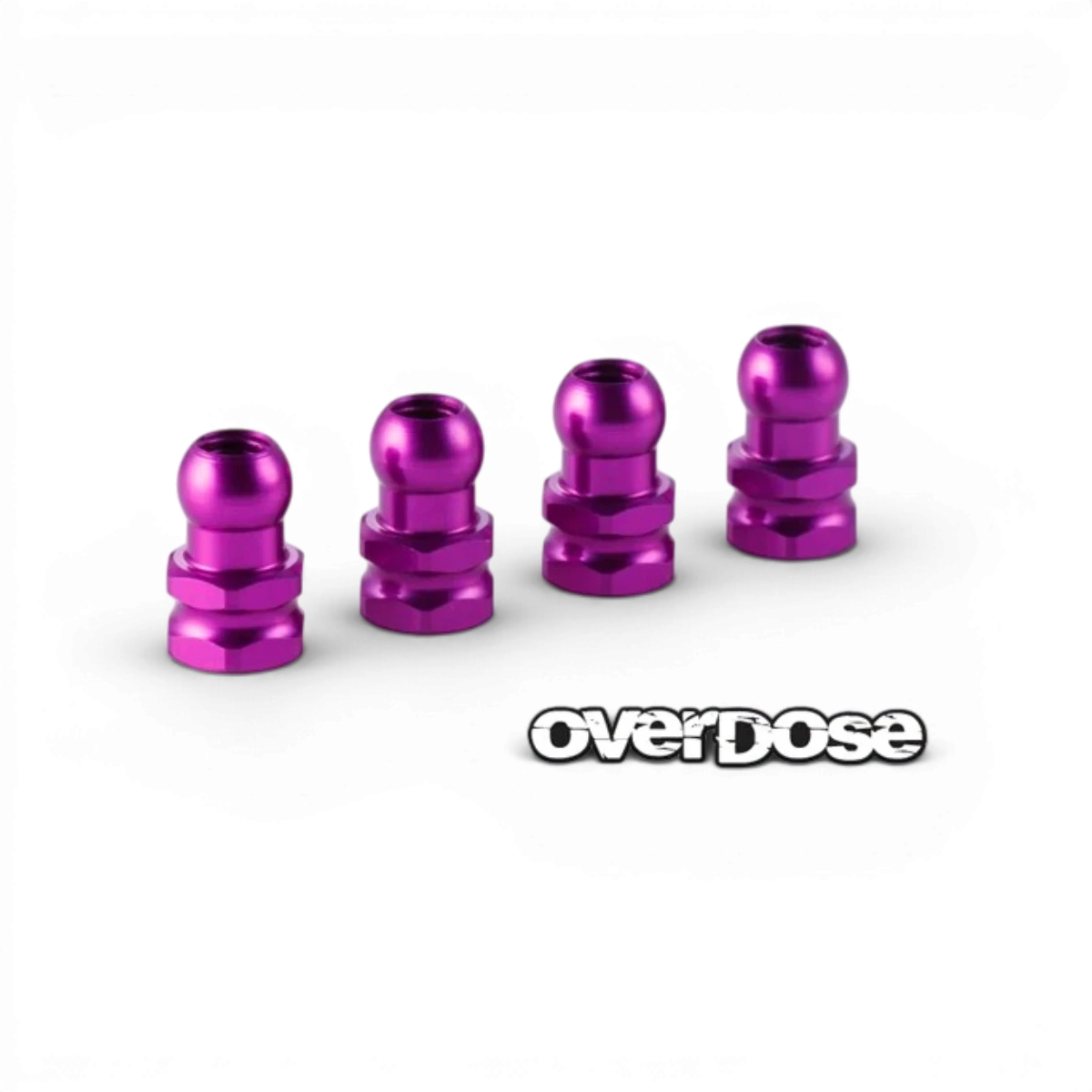 Rotules en aluminium violet pour amortisseur Overdose, pièce détachée de haute qualité, visible avec finition en aluminium violet.