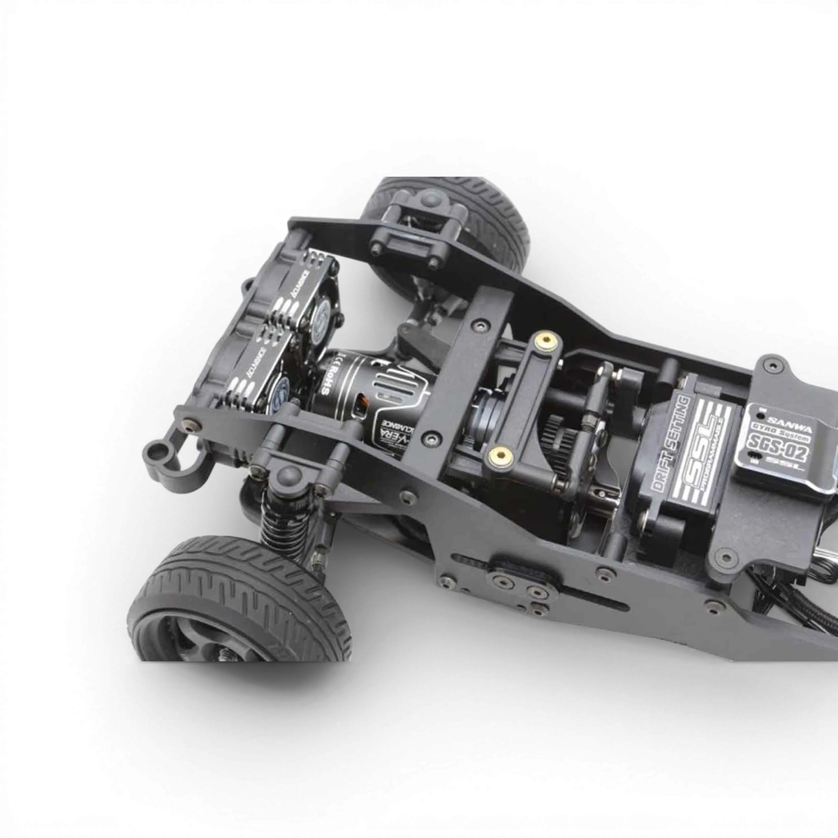 Kit châssis RC Drift RX-01 1/10 RWD, Addiction RC Design, 240-280mm, vue de face avec composants en détail